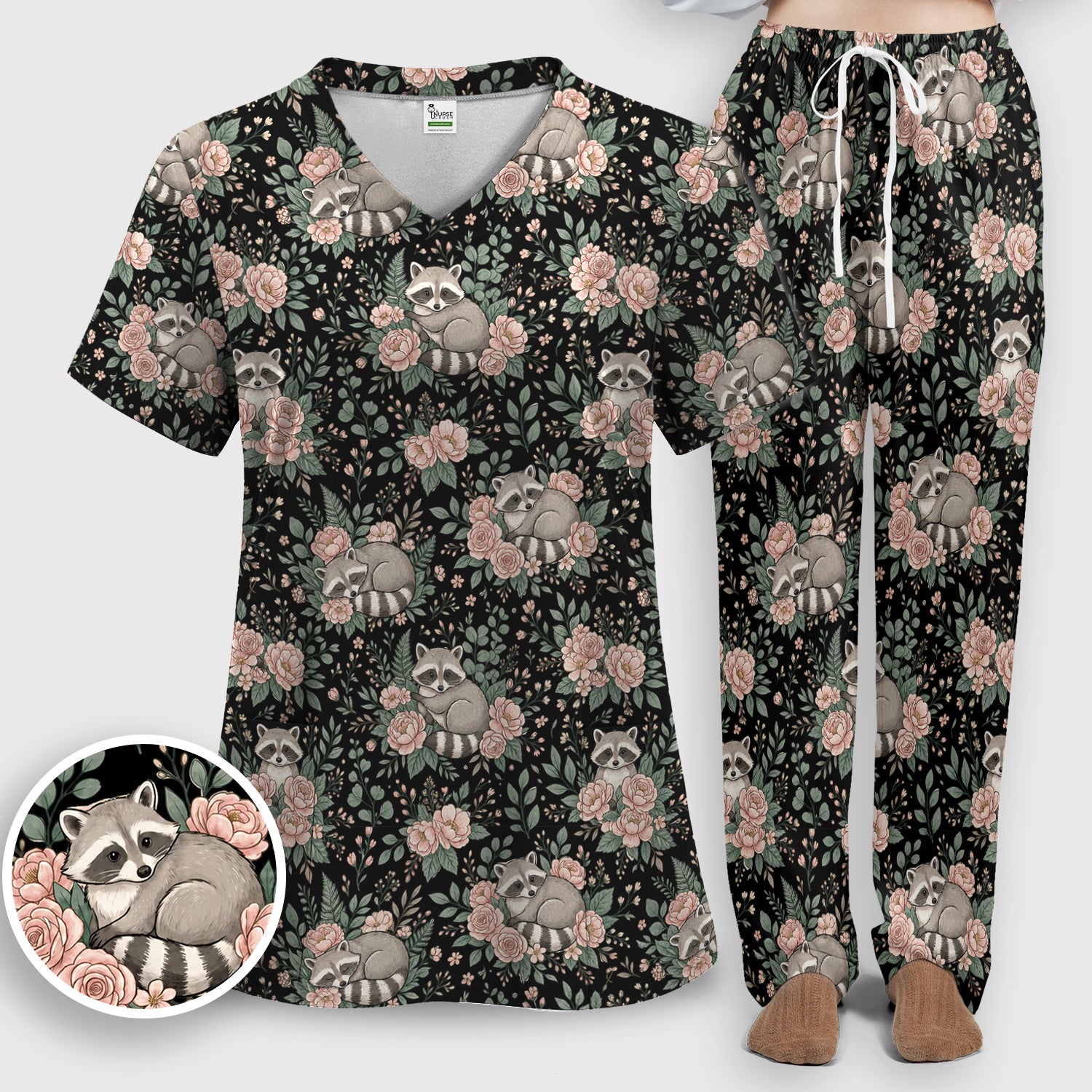 Sleeping Raccoon Rose Garden Pattern Scrub Set, Scrub Pants and V Neck Top