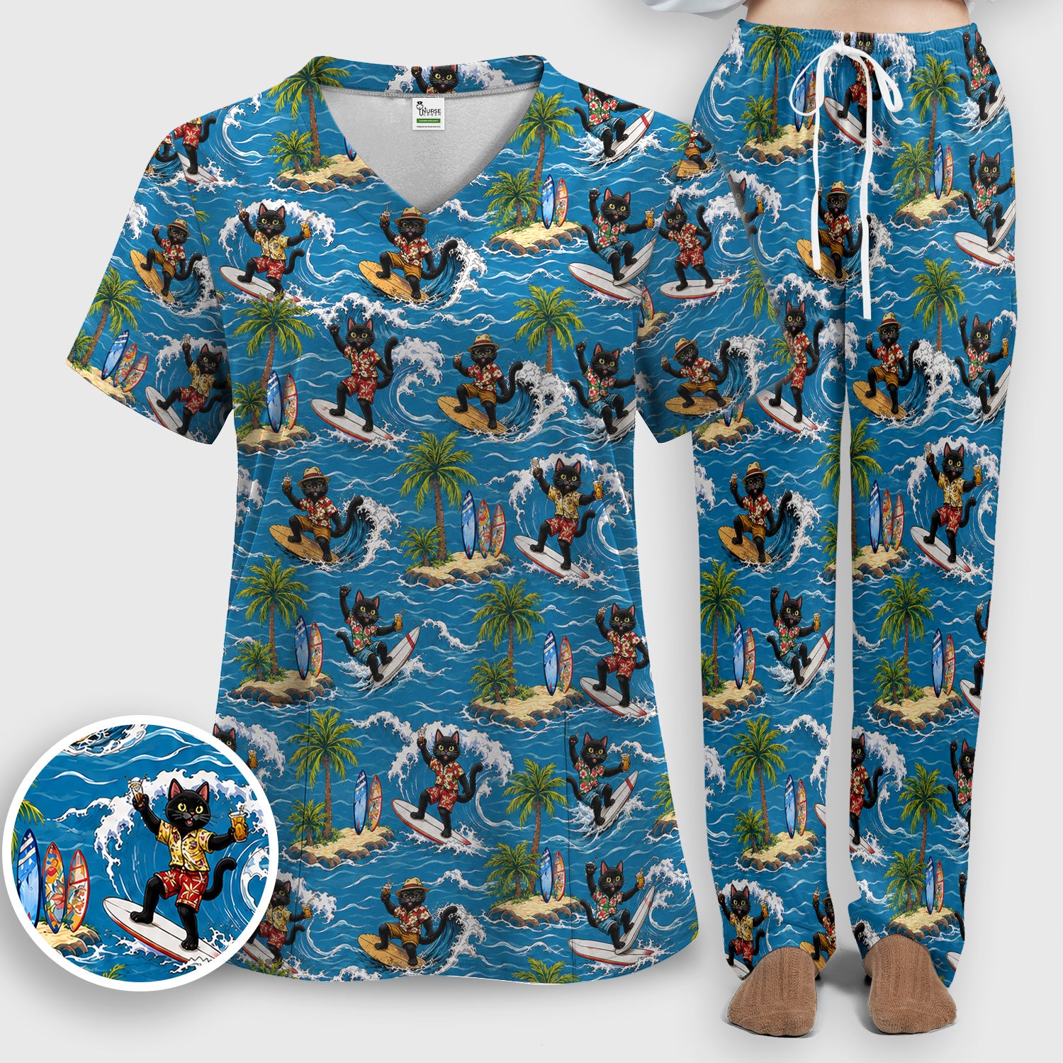 Tropical Black Cat Surfer Island Pattern Scrub Set, Scrub Pants and V Neck Top