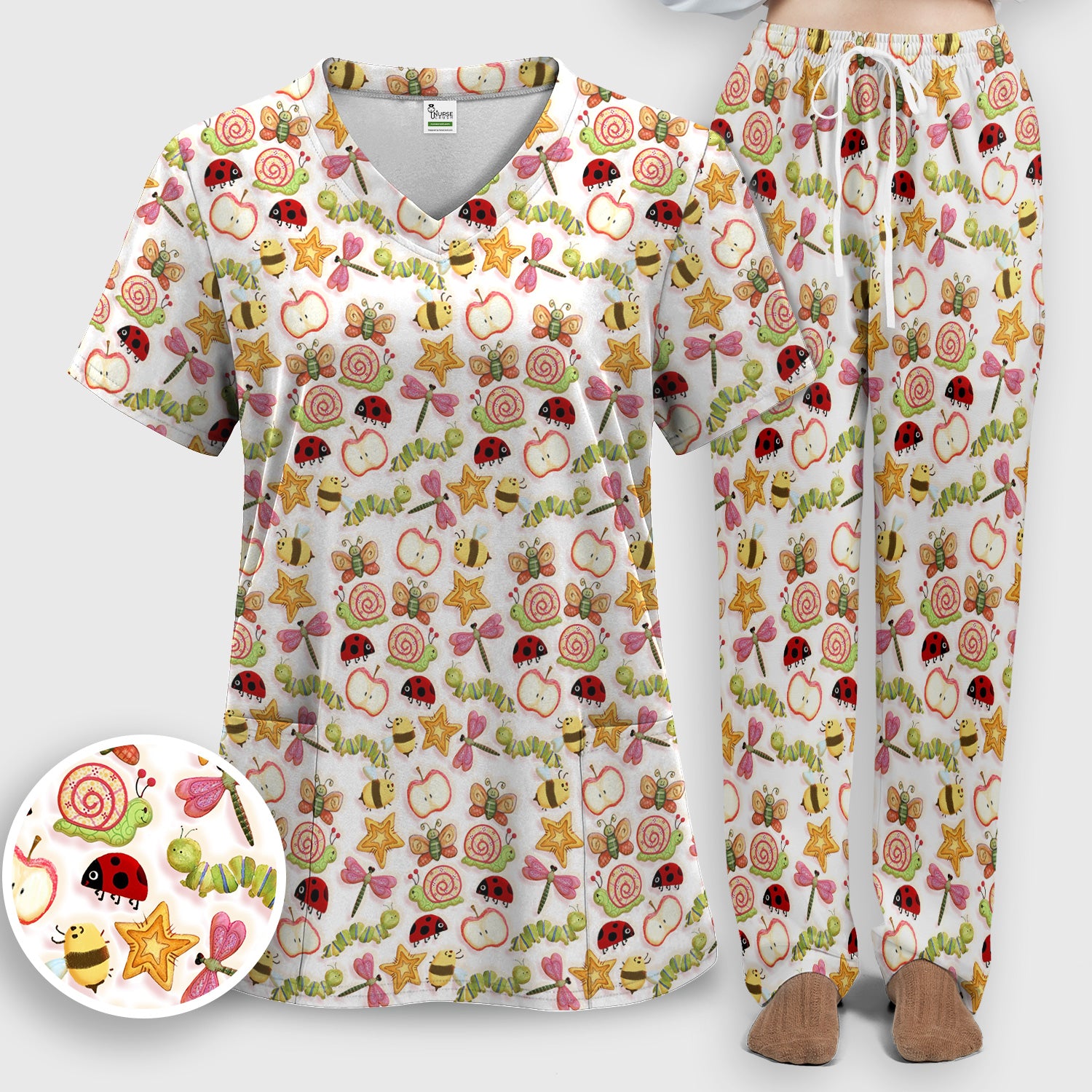Cute Nurse Snail Ladybug Caterpillar Apple Garden Pattern Scrub Set, Breathable Med Uniform