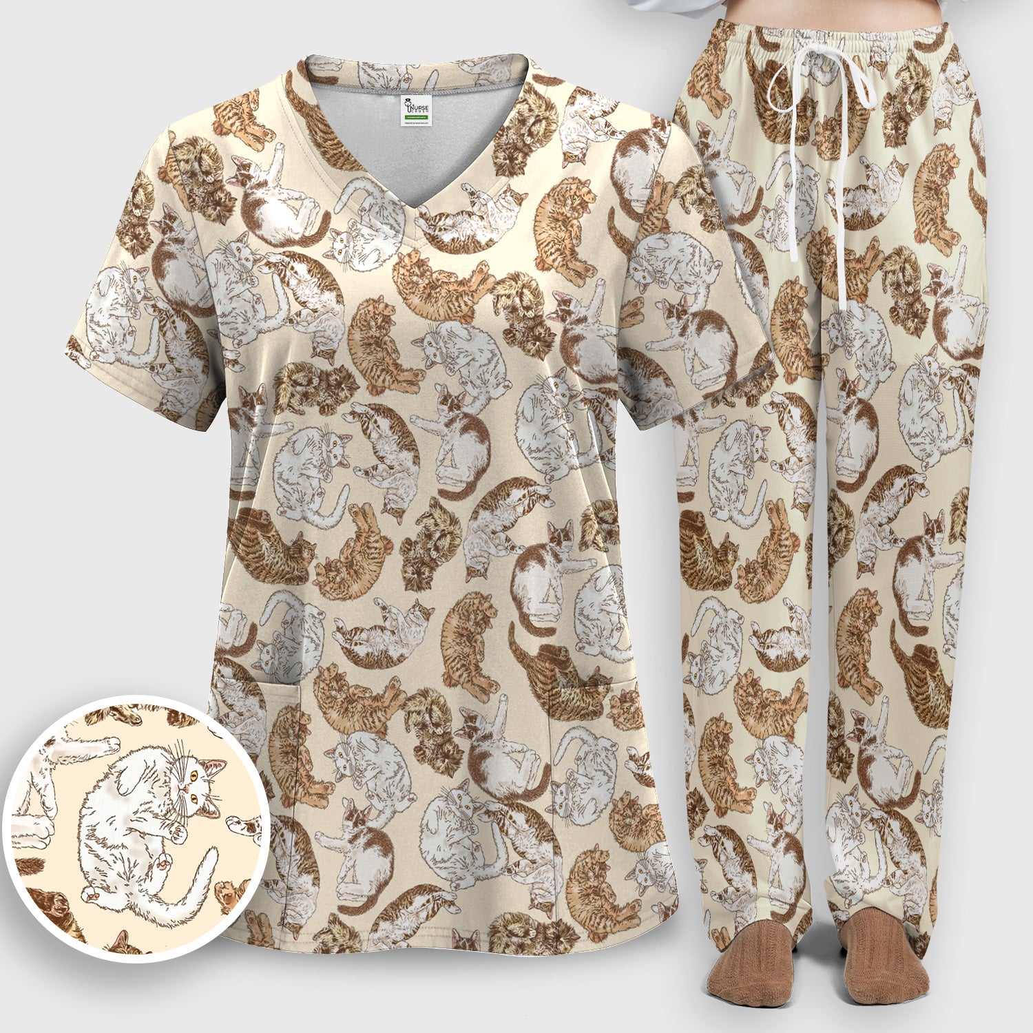 Cute Lazy Cat Nap Pattern Scrub Set, Scrub Pants and V Neck Top
