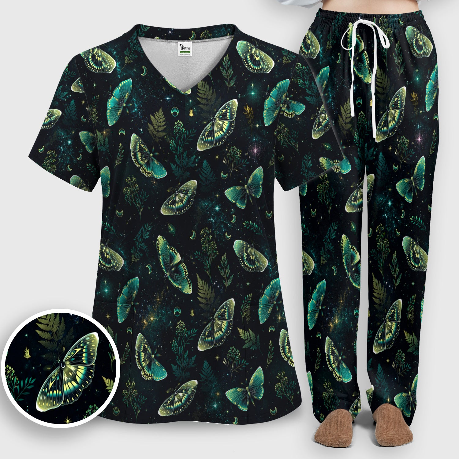 Mystical Moonlight Butterfly Garden Pattern Scrub Set, Scrub Pants and V Neck Top