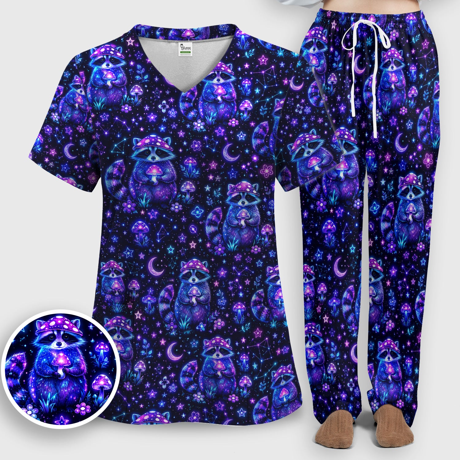 Neon Mushroom Raccoon Nurse Pattern Scrub Set, Scrub Pants and V Neck Top