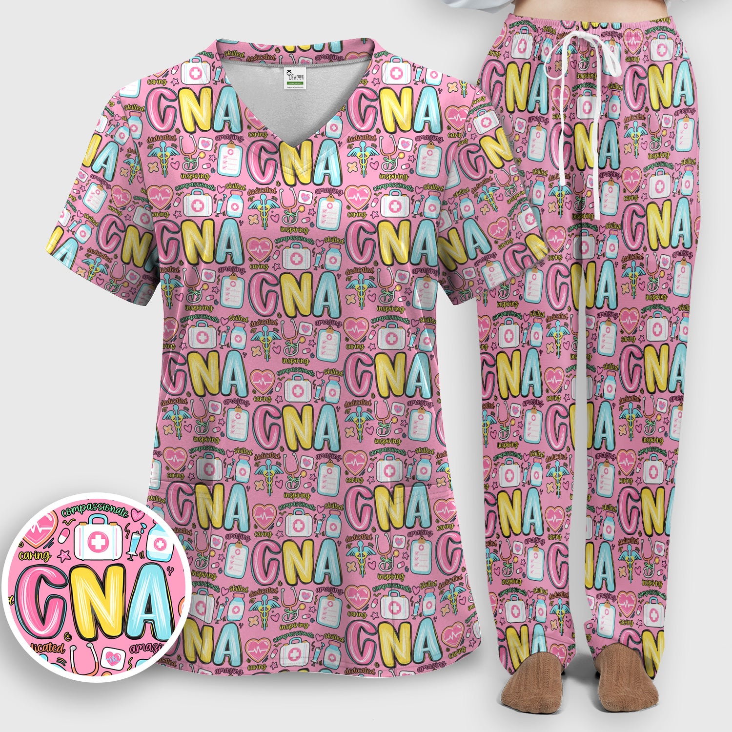 CNA Nurse Appreciation Pattern Scrub Set, Breathable Med Uniform