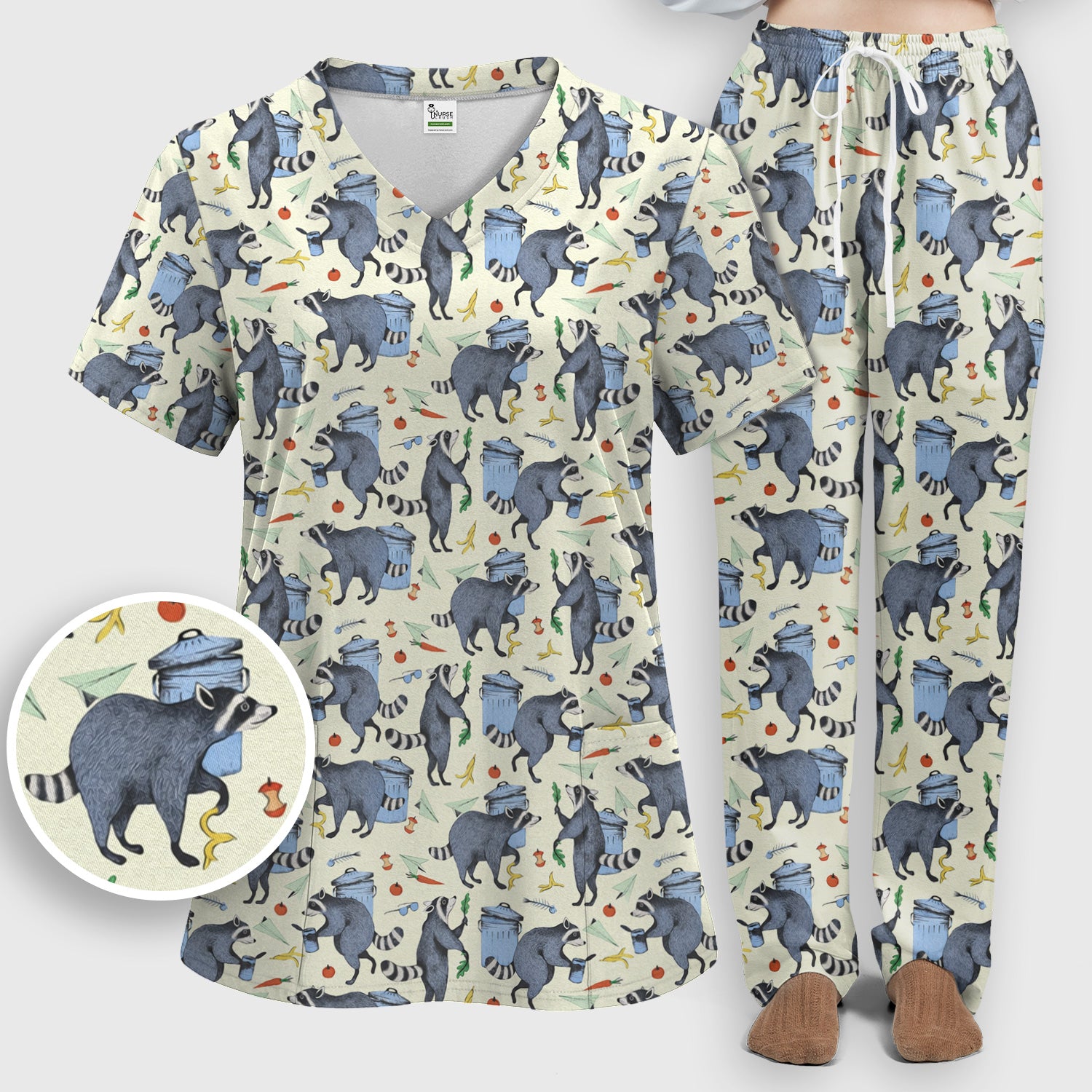 Funny Nurse Raccoon Eating Trash Banana Scrub Set, Scrub Pants and V Neck Top