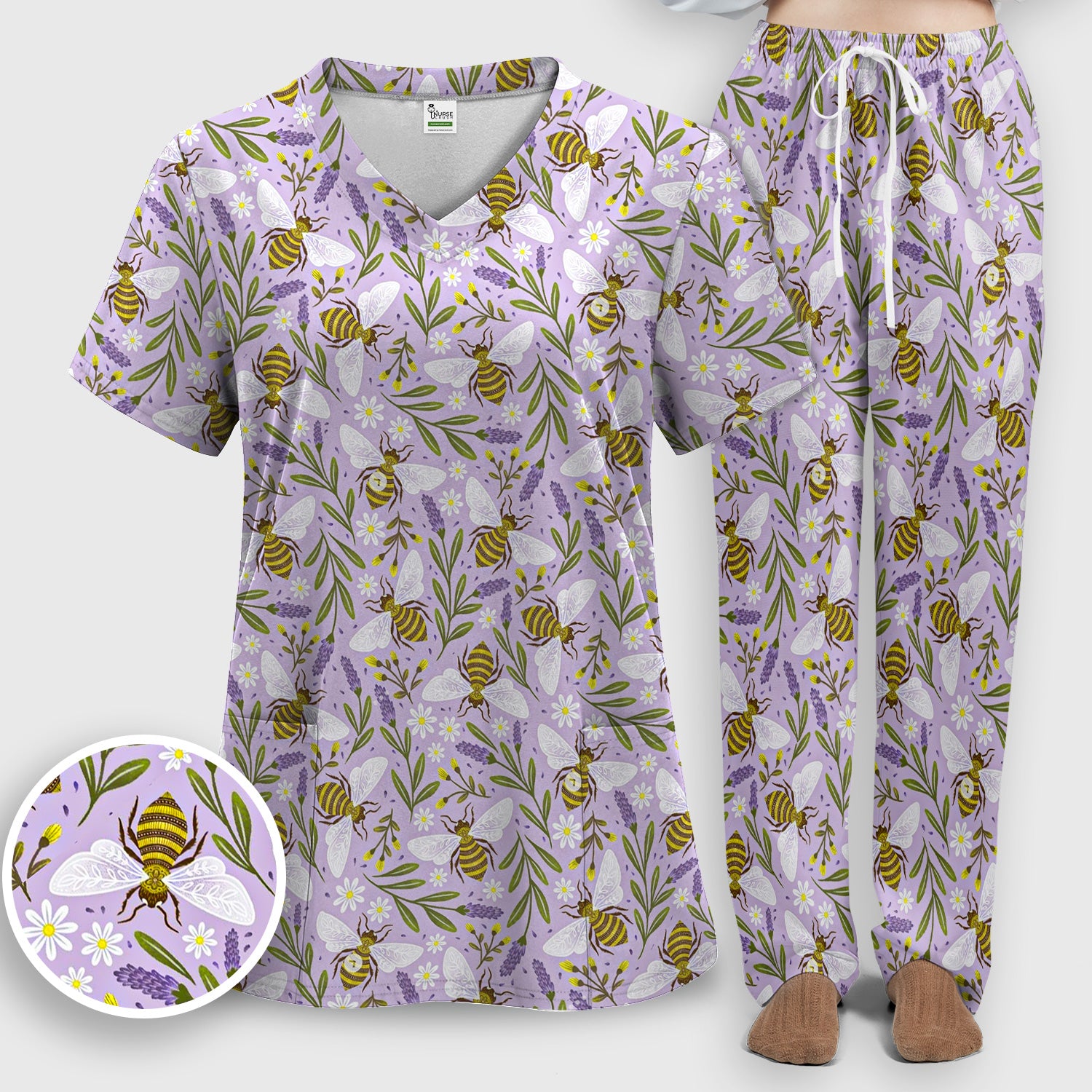 Cute Lavender Bee Floral Pattern Scrub Set, Scrub Pants and V Neck Top