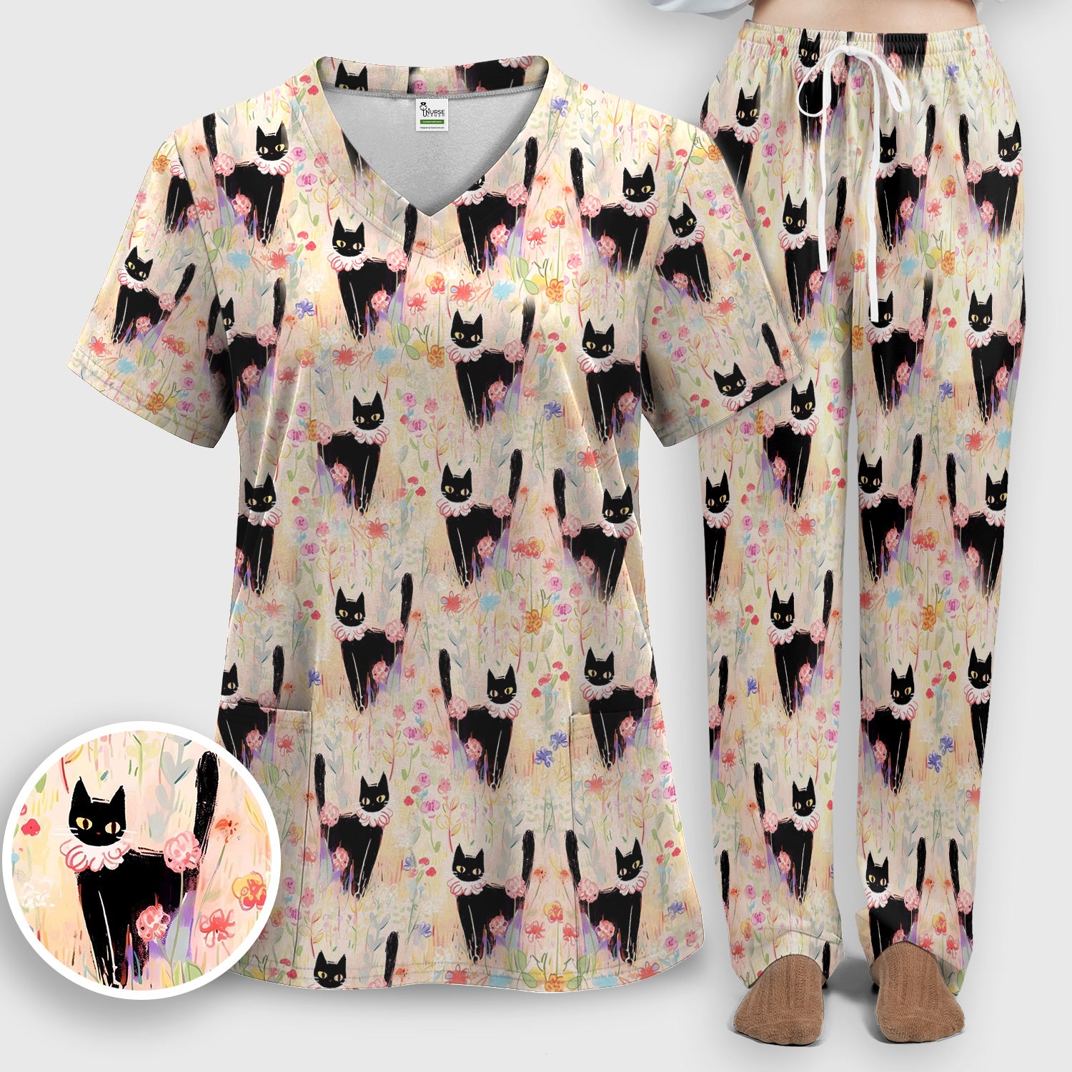 Black Cat Floral Garden Nurse Pattern Scrub Set, Scrub Pants and V Neck Top