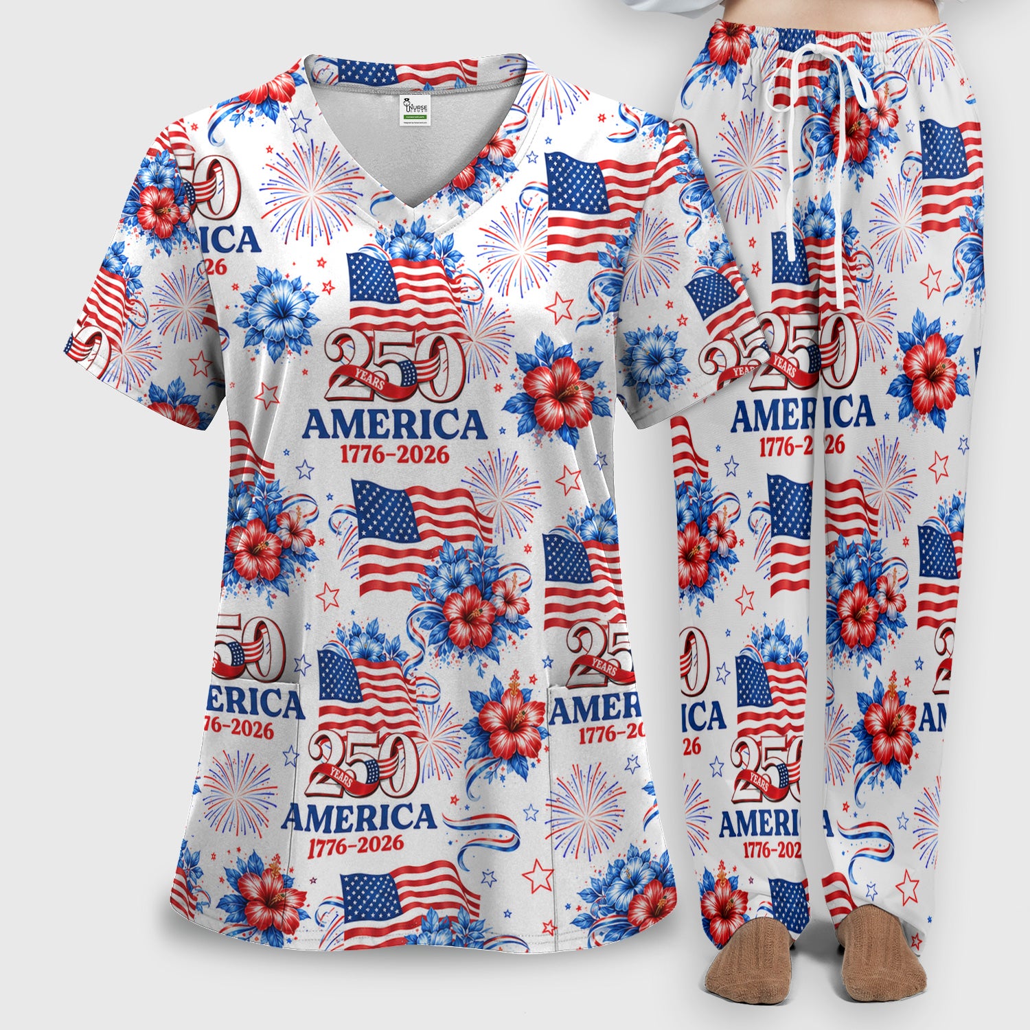 America 250 with Flag Firework Pattern Scrub Set, Scrub Pants and V Neck Top