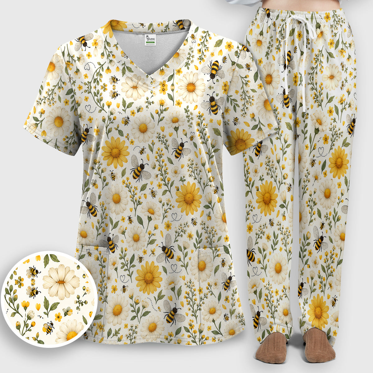 Cute Honey Bee And Daisy Pattern Scrub Set, Scrub Pants and V Neck Top