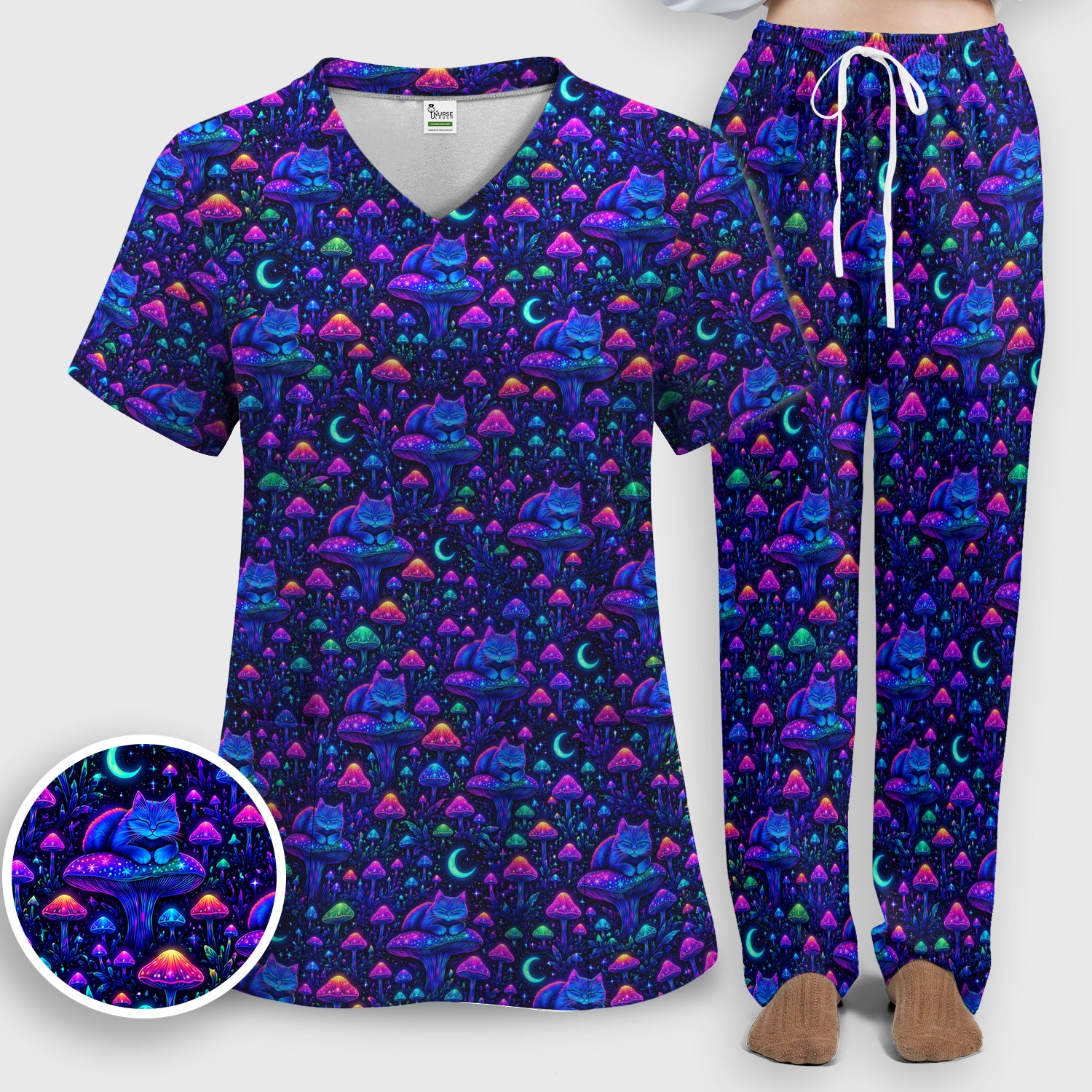 Neon Mushroom Cat Galaxy Pattern Scrub Set, Scrub Pants and V Neck Top