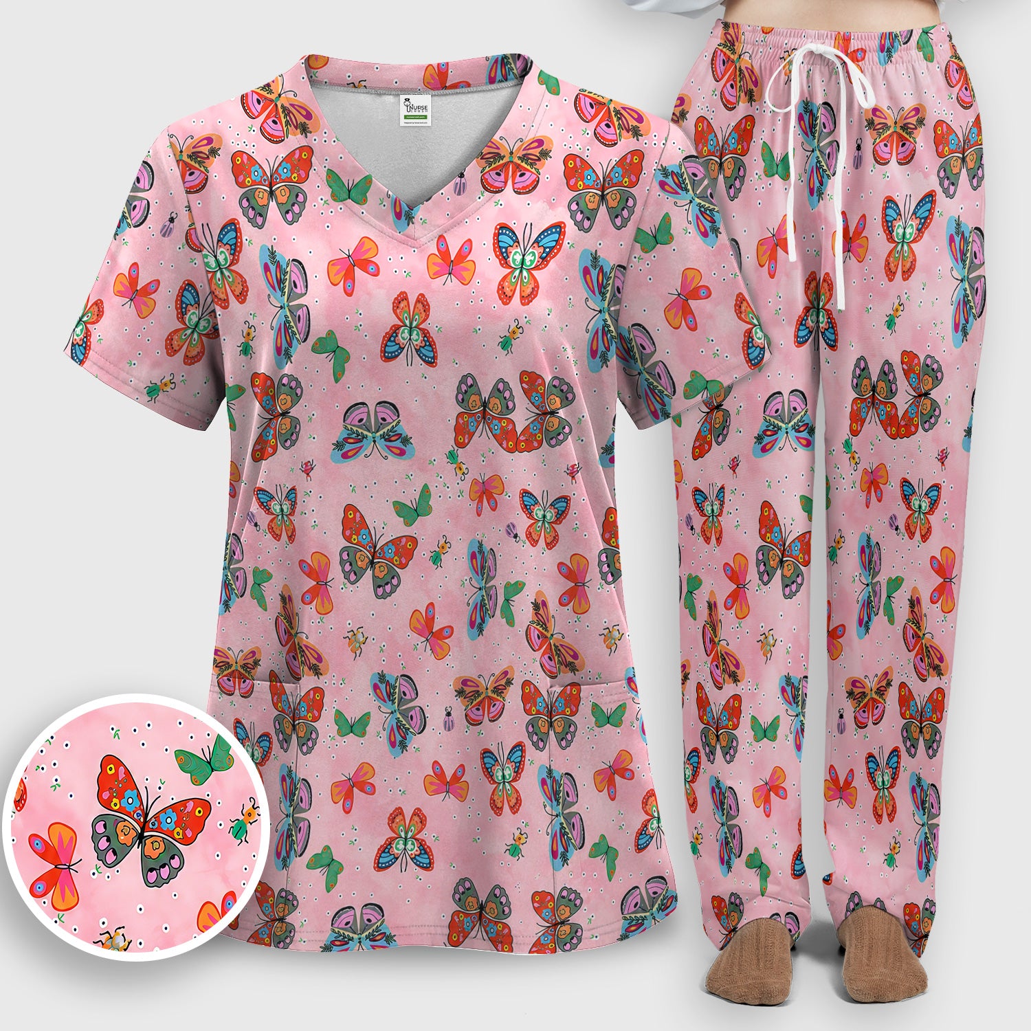 Colorful Butterfly Garden Pattern Scrub Set, Scrub Pants and V Neck Top