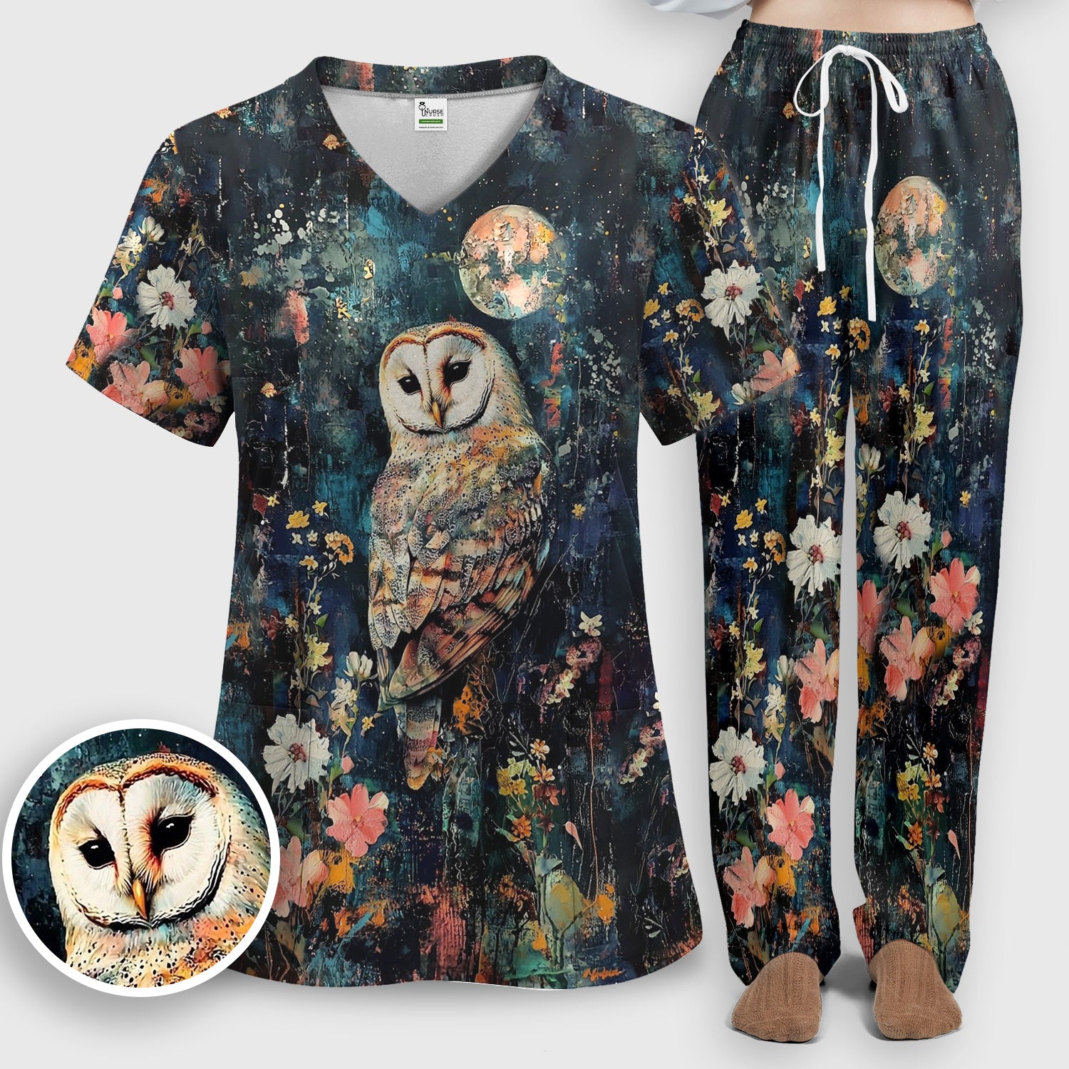 Moonlit Barn Owl Floral Pattern Scrub Set, Scrub Pants and V Neck Top