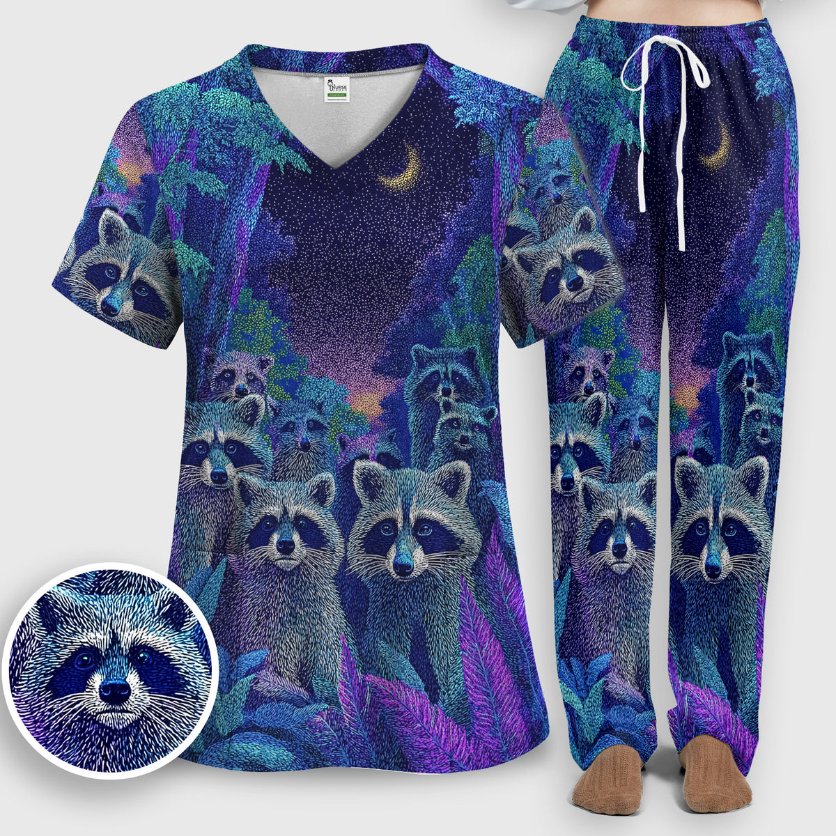 Moonlit Raccoon Pattern Scrub Set, Scrub Pants and V Neck Top