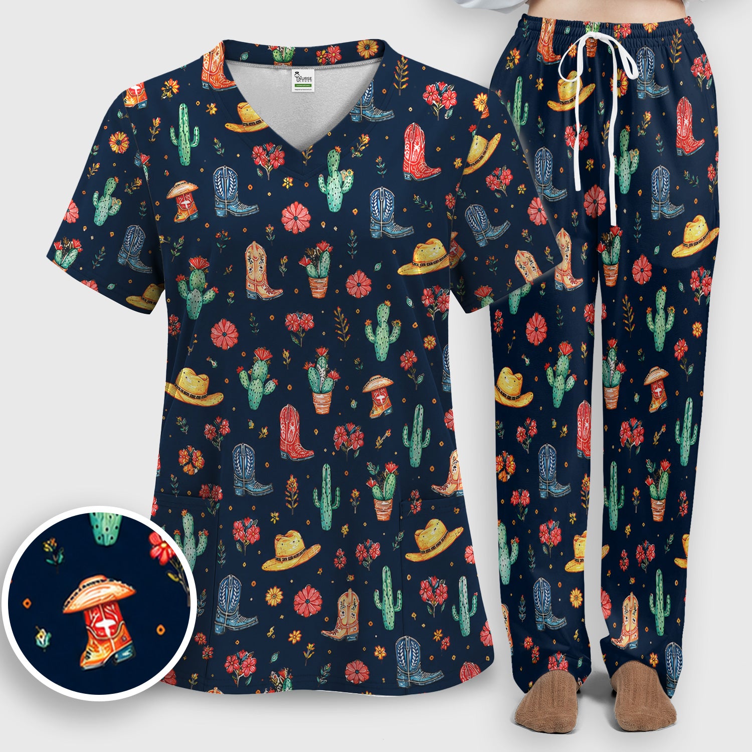 Whimsical Western Cactus Boots Pattern Scrub Set, Scrub Pants and V Neck Top