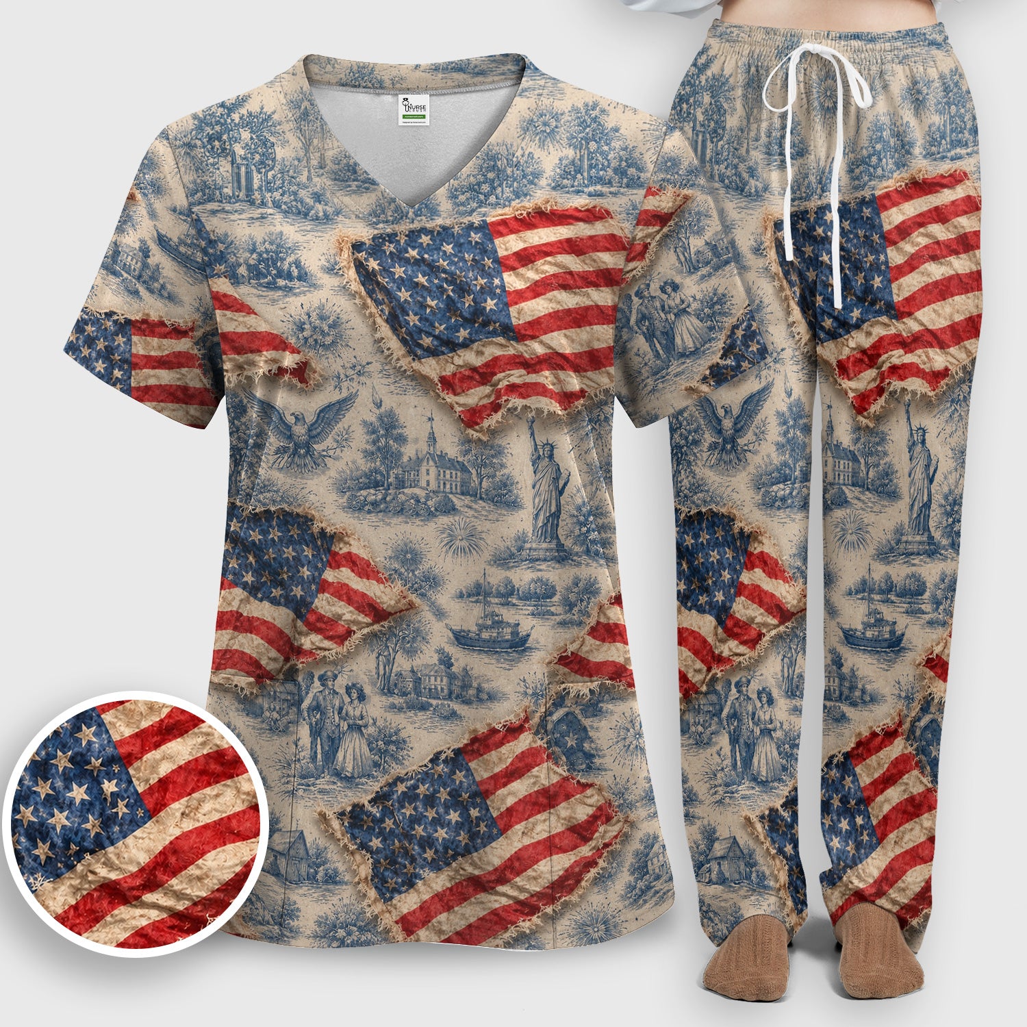 Vintage American Flag Toile Pattern Scrub Set, Scrub Pants and V Neck Top
