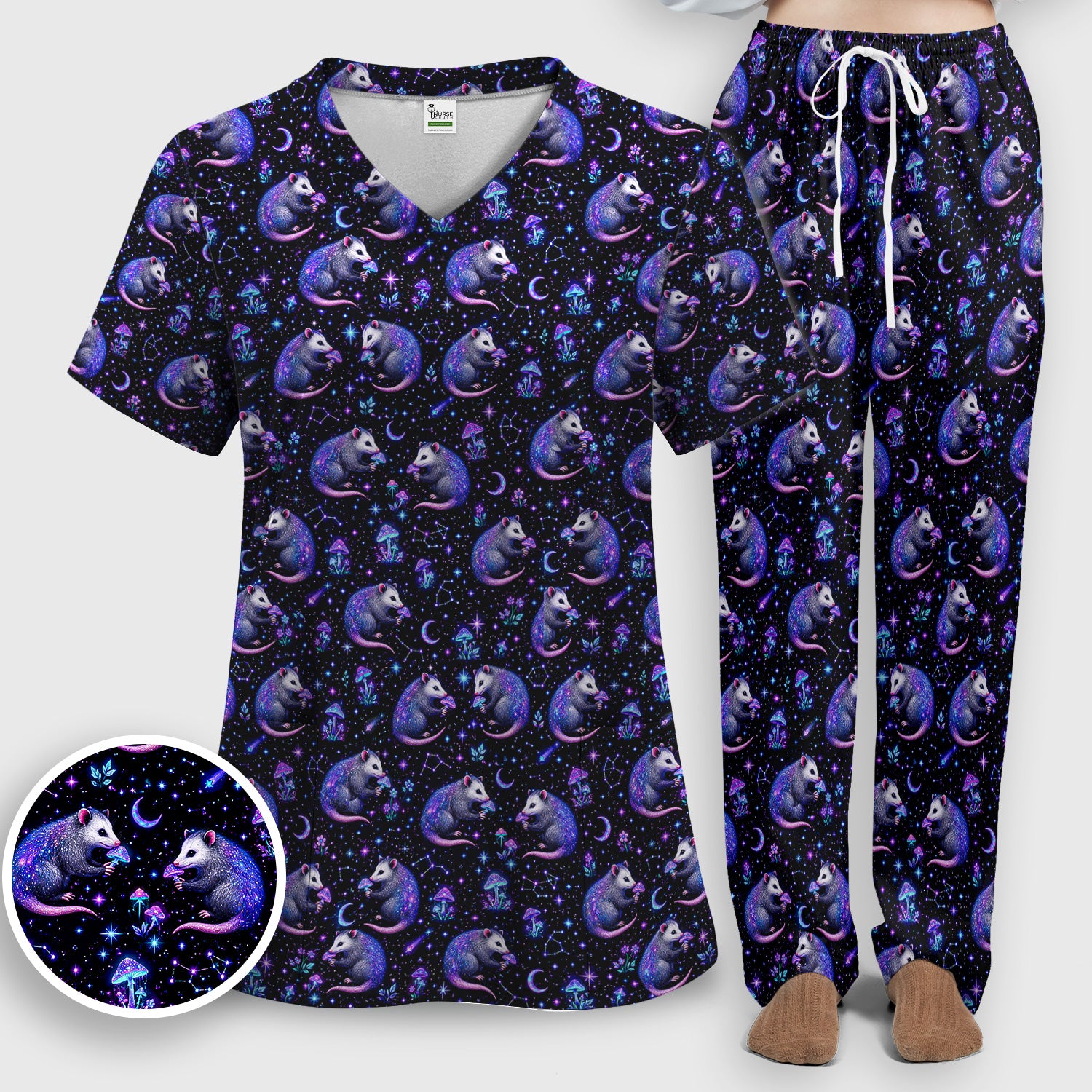 Celestial Purple Opossum With Mushroom Pattern Scrub Set, Scrub Pants and V Neck Top