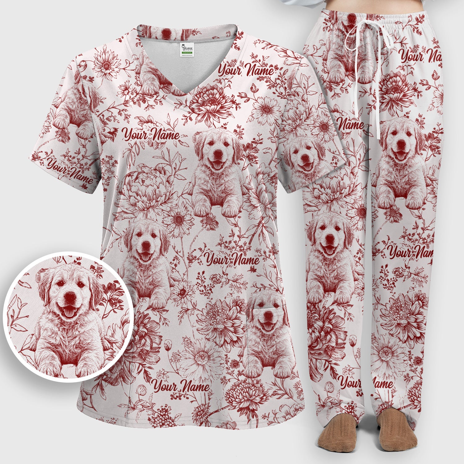 Personalized Custom Pet Photo Name Floral Pattern Scrub Set, Scrub Pants and V Neck Top