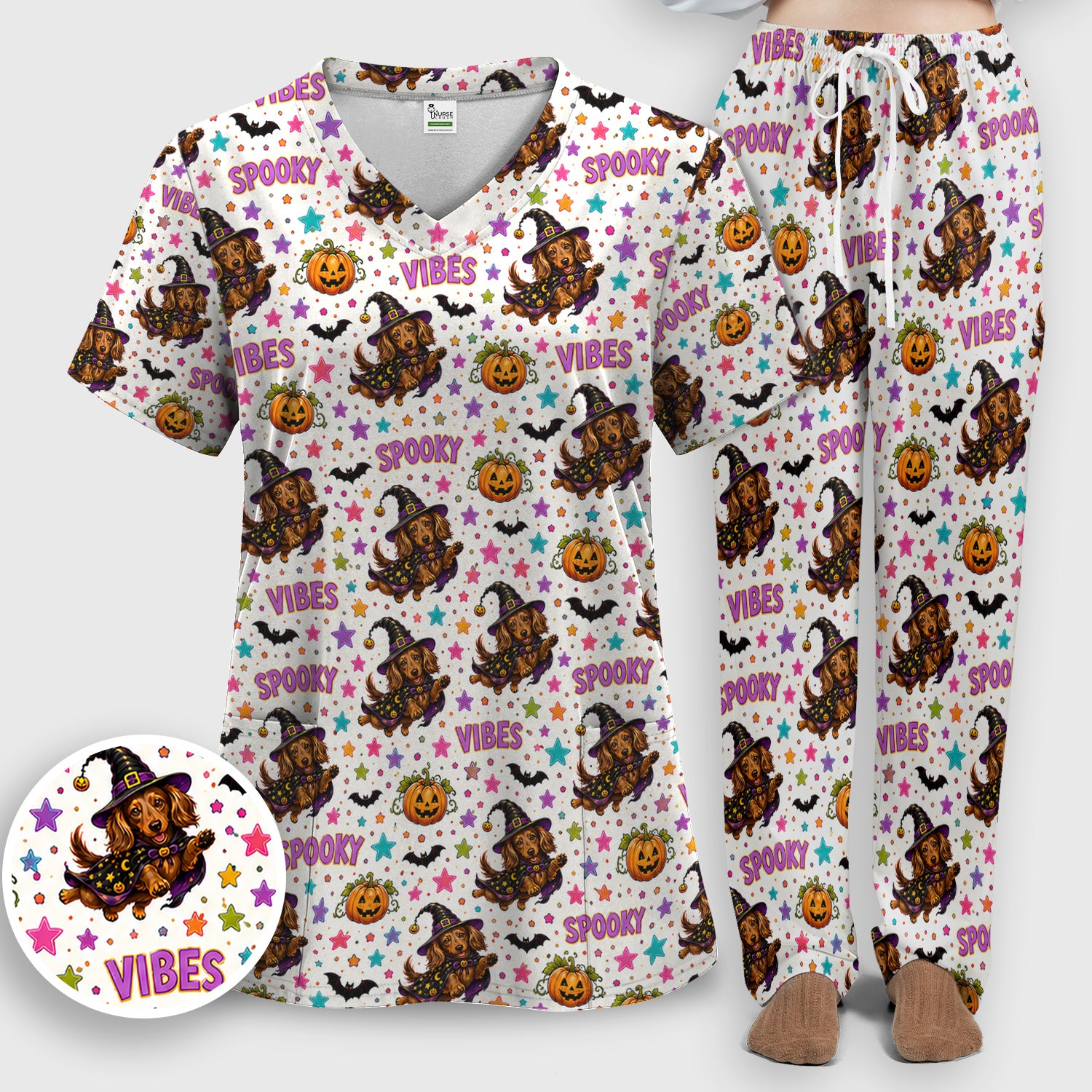 Spooky Dachshund Vibes Print Scrub Set, Scrub Pants and V Neck Top
