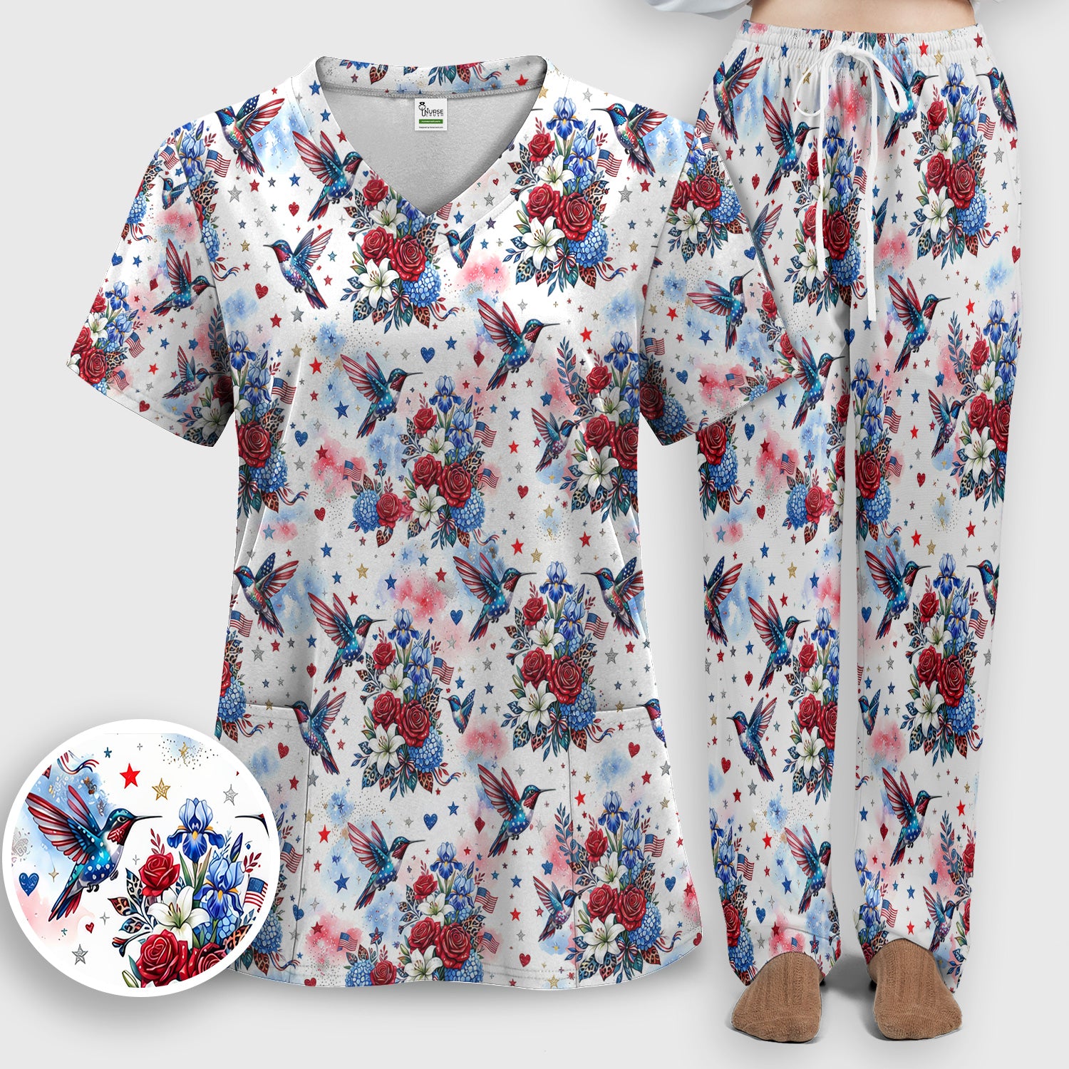 Patriotic Hummingbird Floral Bouquet Pattern Scrub Set, Scrub Pants and V Neck Top