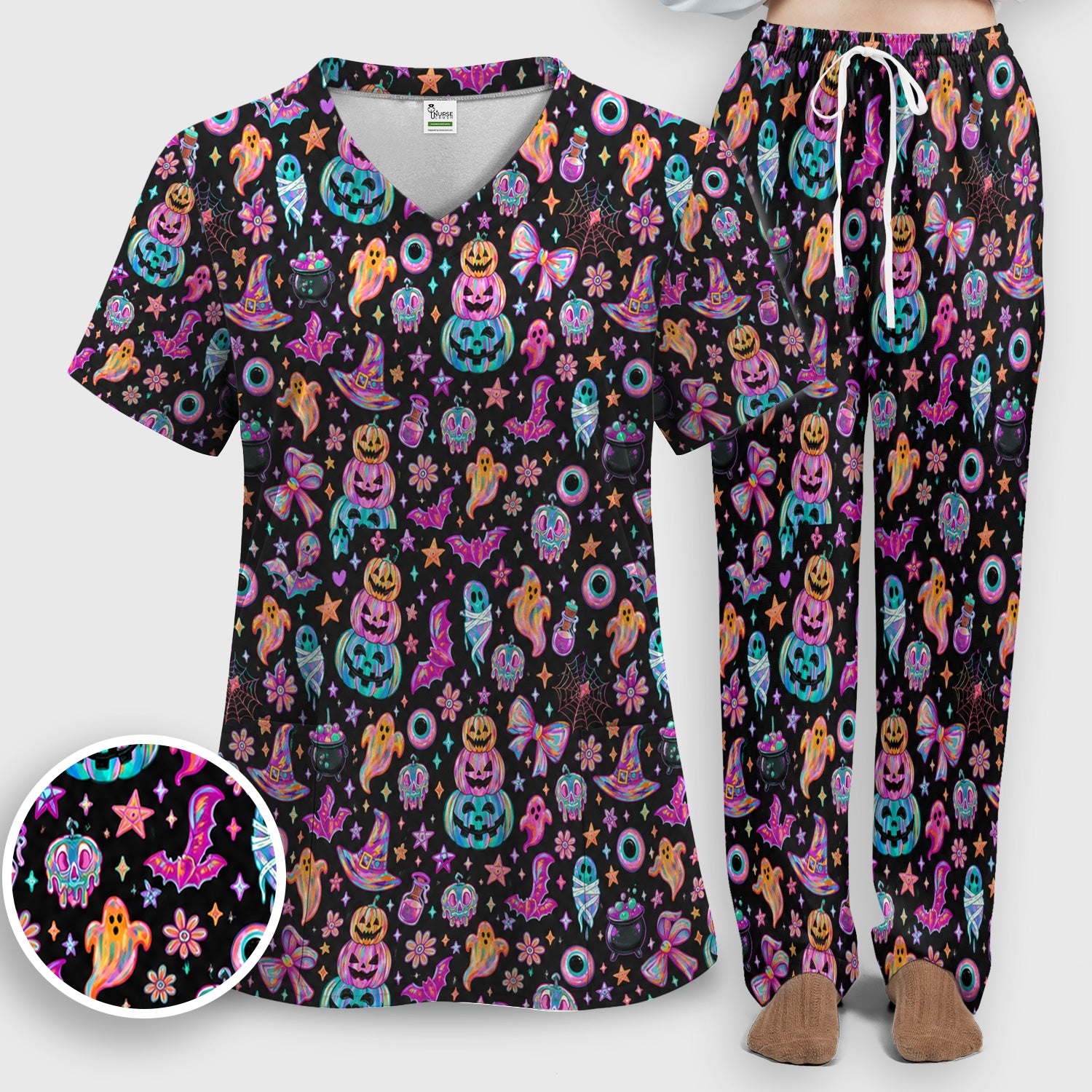 Halloween Ghost with Pumpkin Bat Print Scrub Set, Scrub Pants and V Neck Top