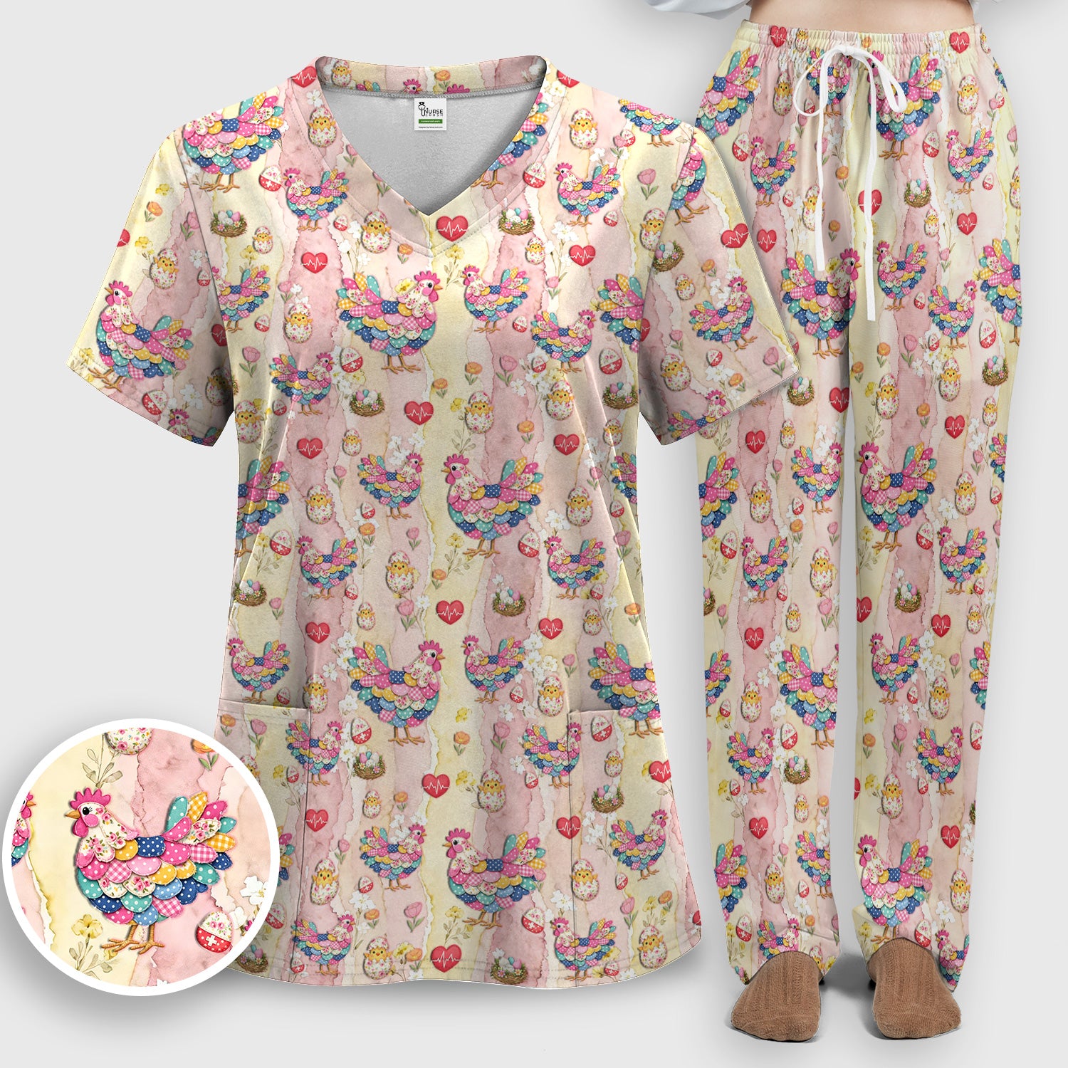 Colorful Chicken Easter Eggs Heart Pattern Scrub Sets, Breathable Med Uniform