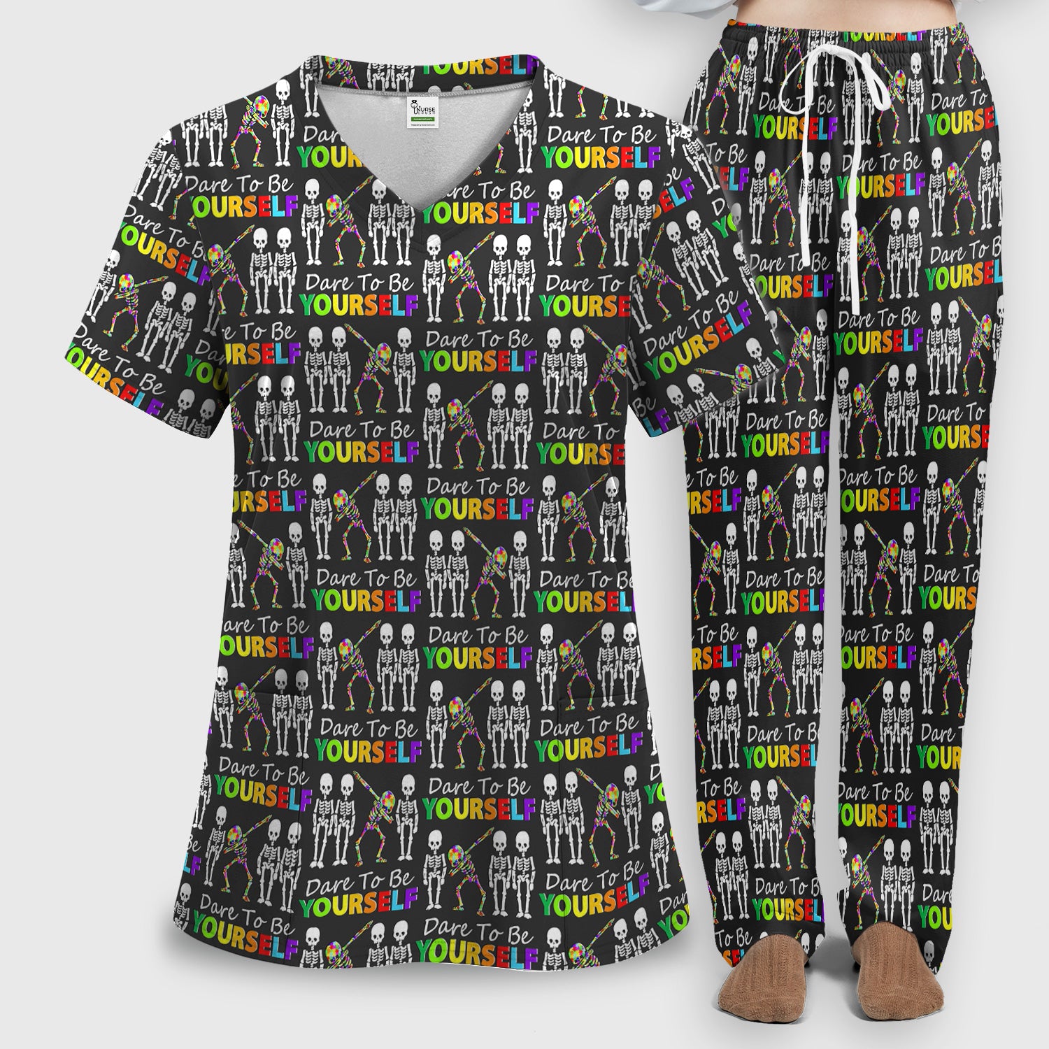Rainbow Skeleton Dare To Be Yourself Pattern Scrub Sets, Scrub Pants and V Neck Top