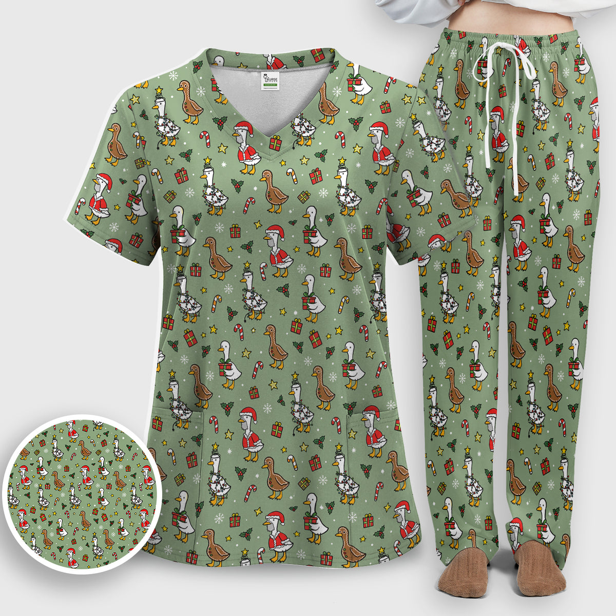Christmas Geese In Festive Costumes Scrub Set, Scrub Pants and V Neck Top