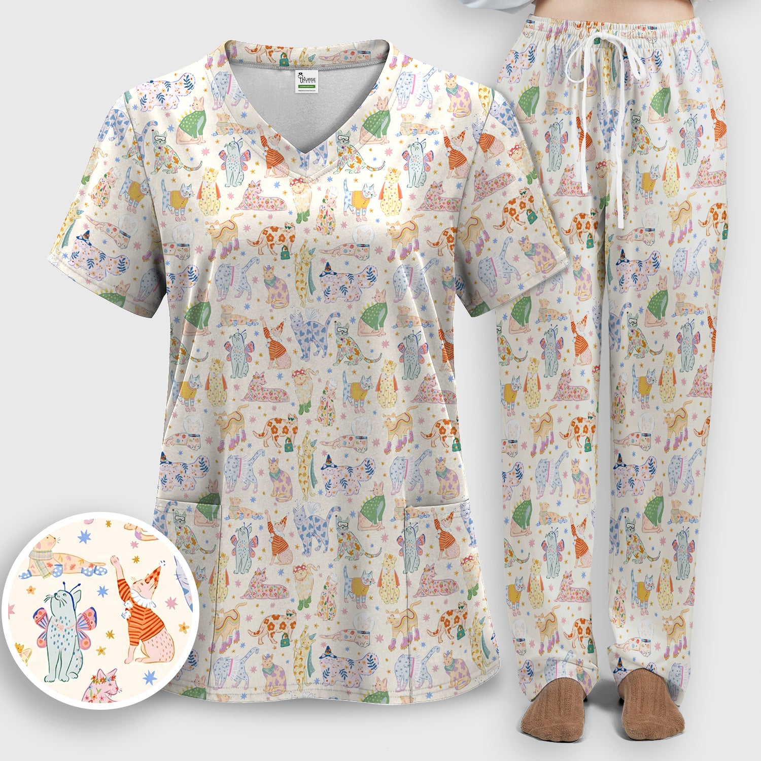 Cute Colorful Cats Pattern Scrub Set, Scrub Pants and V Neck Top