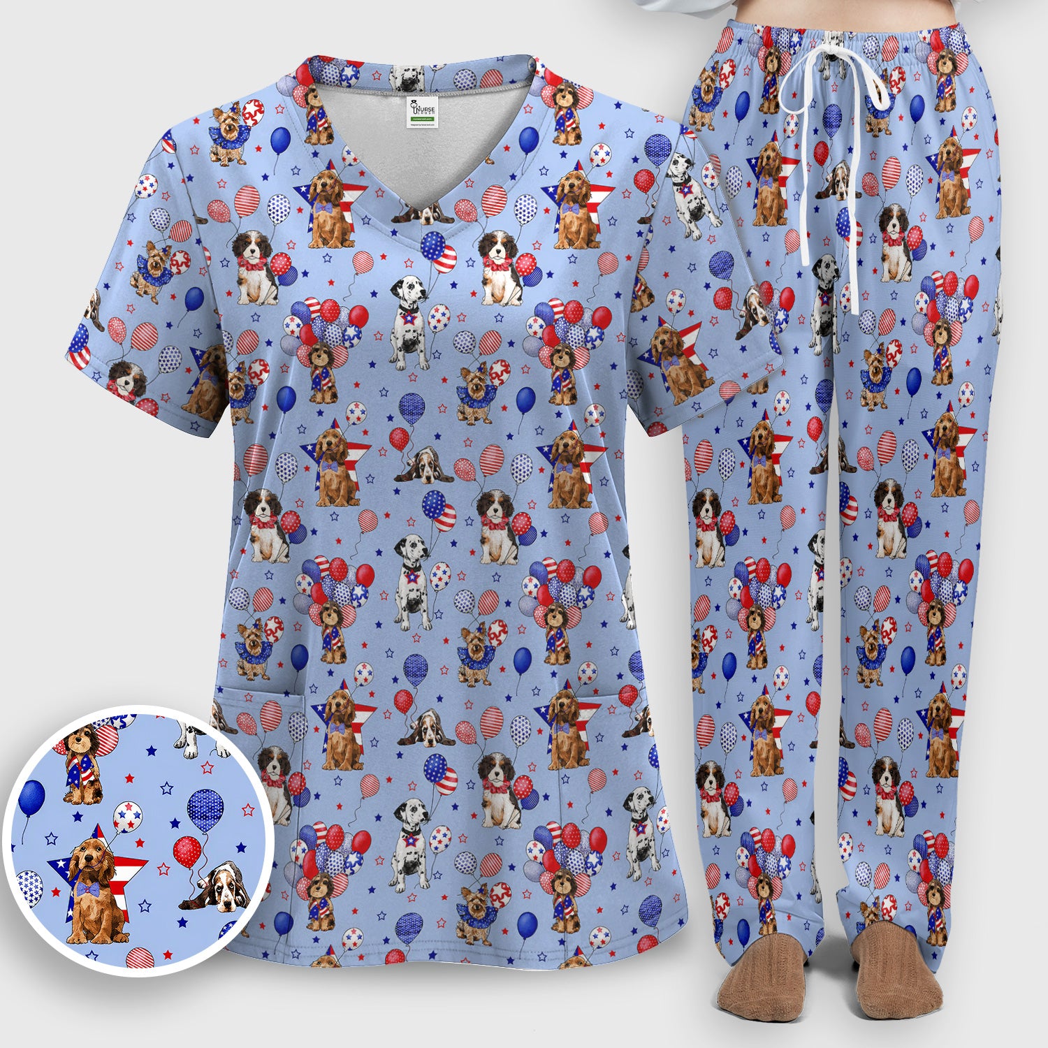 Patriotic Dogs With USA Flag Balloons Pattern Scrub Set, Scrub Pants and V Neck Top