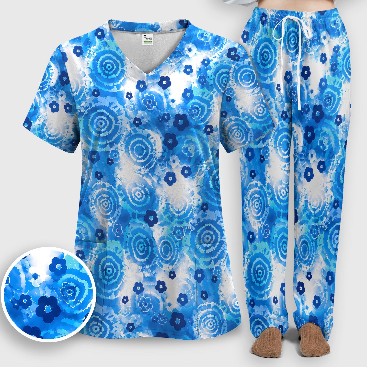 Blue Floral Spiral Nurse Pattern Scrub Top, Breathable Fabrics Nursing Uniform Scrub Set, Scrub Pants and V Neck Top