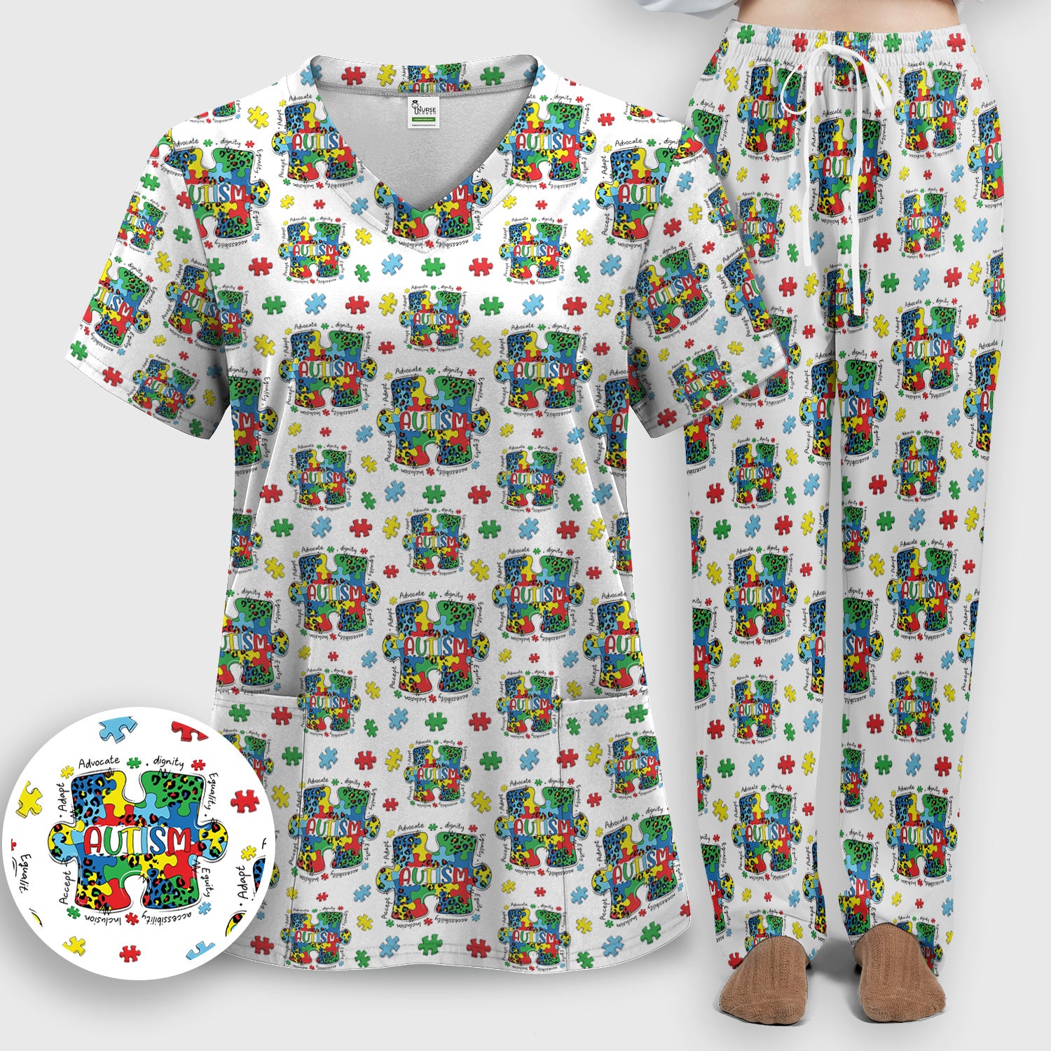 Autism Awareness Puzzle Pattern Scrub Set, Scrub Pants and V Neck Top