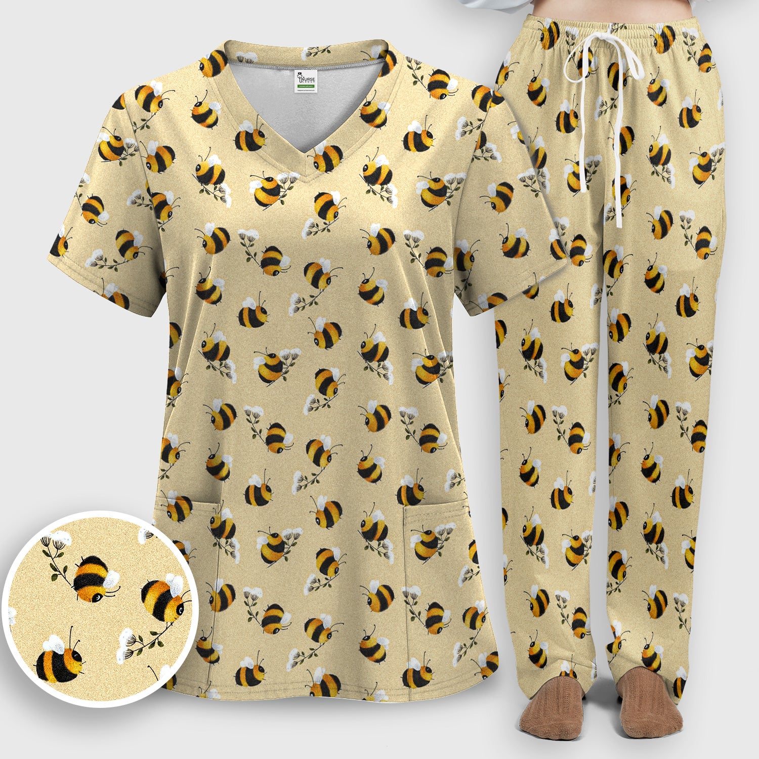 Cute Bumble Bee Blossom Pattern Scrub Set, Scrub Pants and V Neck Top