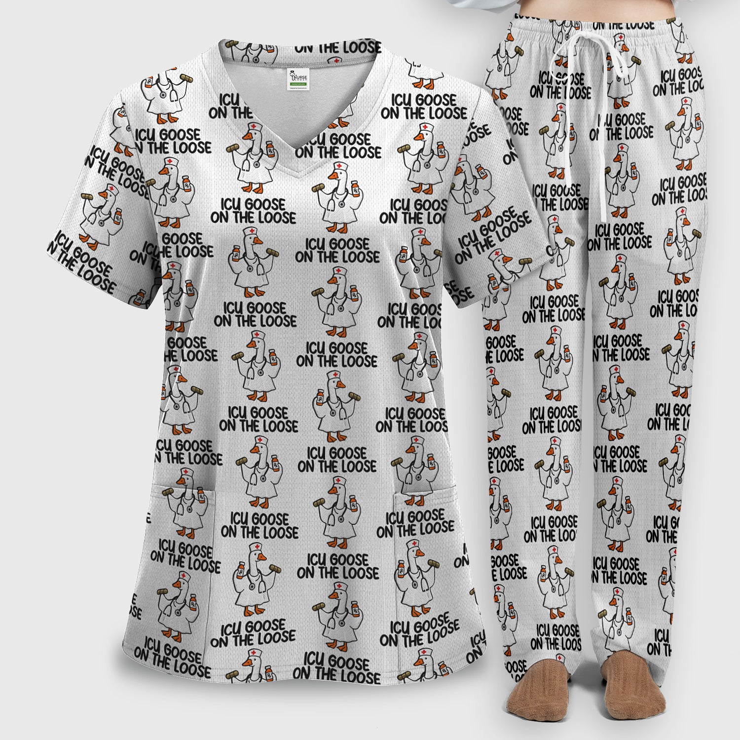 Funny ICU Goose On The Loose Nurse Pattern Scrub Set, Scrub Pants and V Neck Top