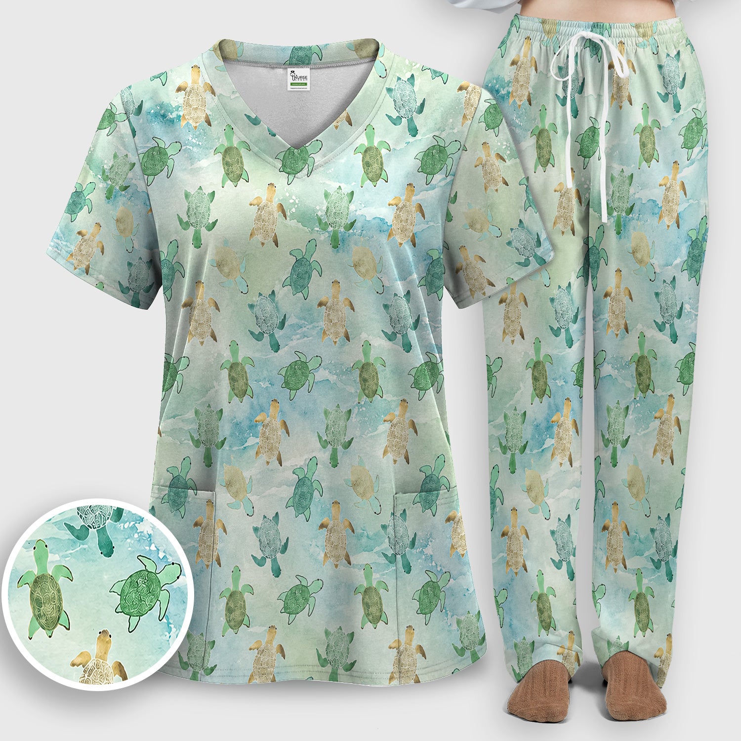Watercolor Sea Turtle Pattern Scrub Set, Scrub Pants and V Neck Top