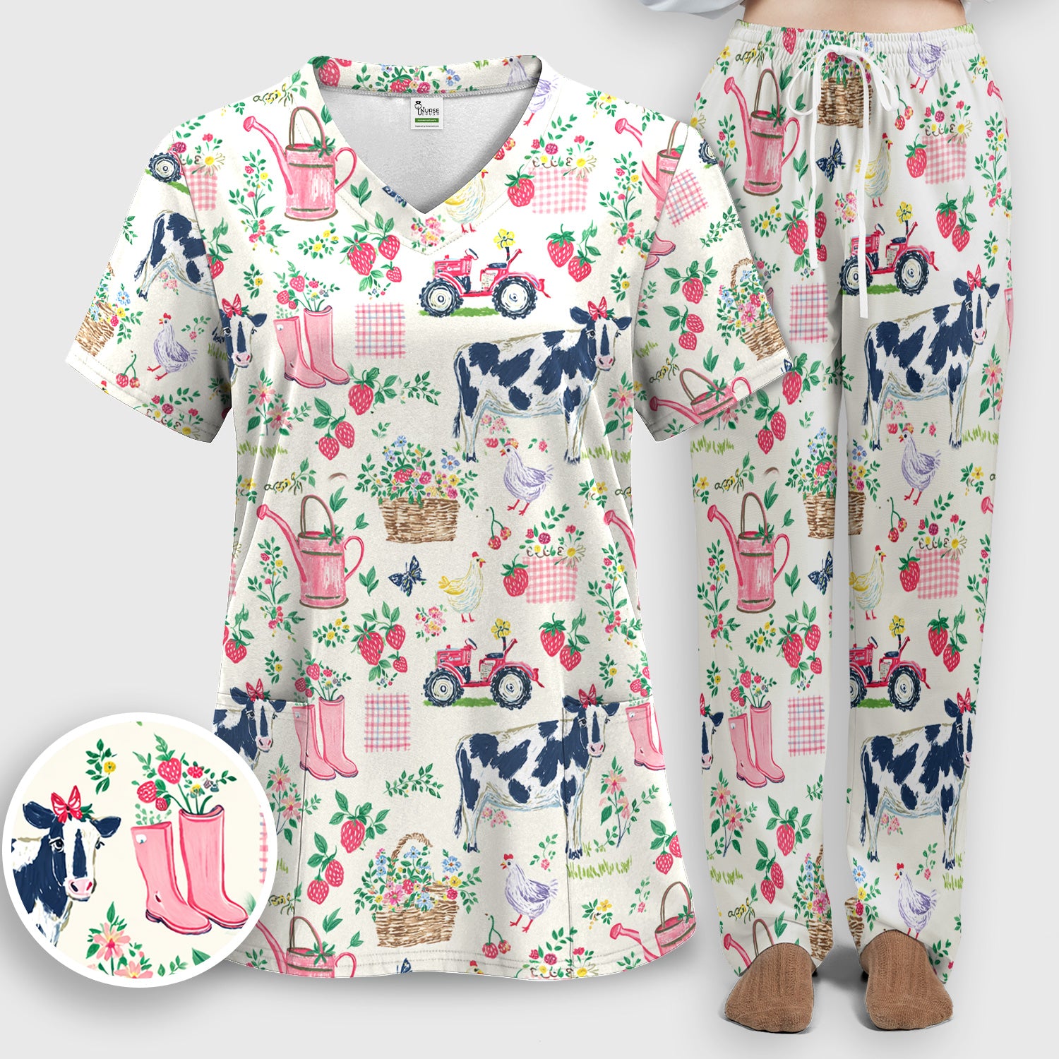 Strawberry Cow Country Style Scrub Top, Comfortable Scrubs for Nurses