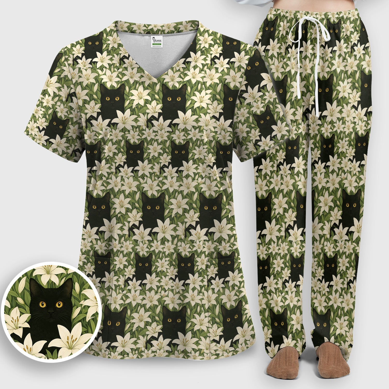 Black Cat Hidden In Lily Garden Pattern Scrub Set, Scrub Pants and V Neck Top