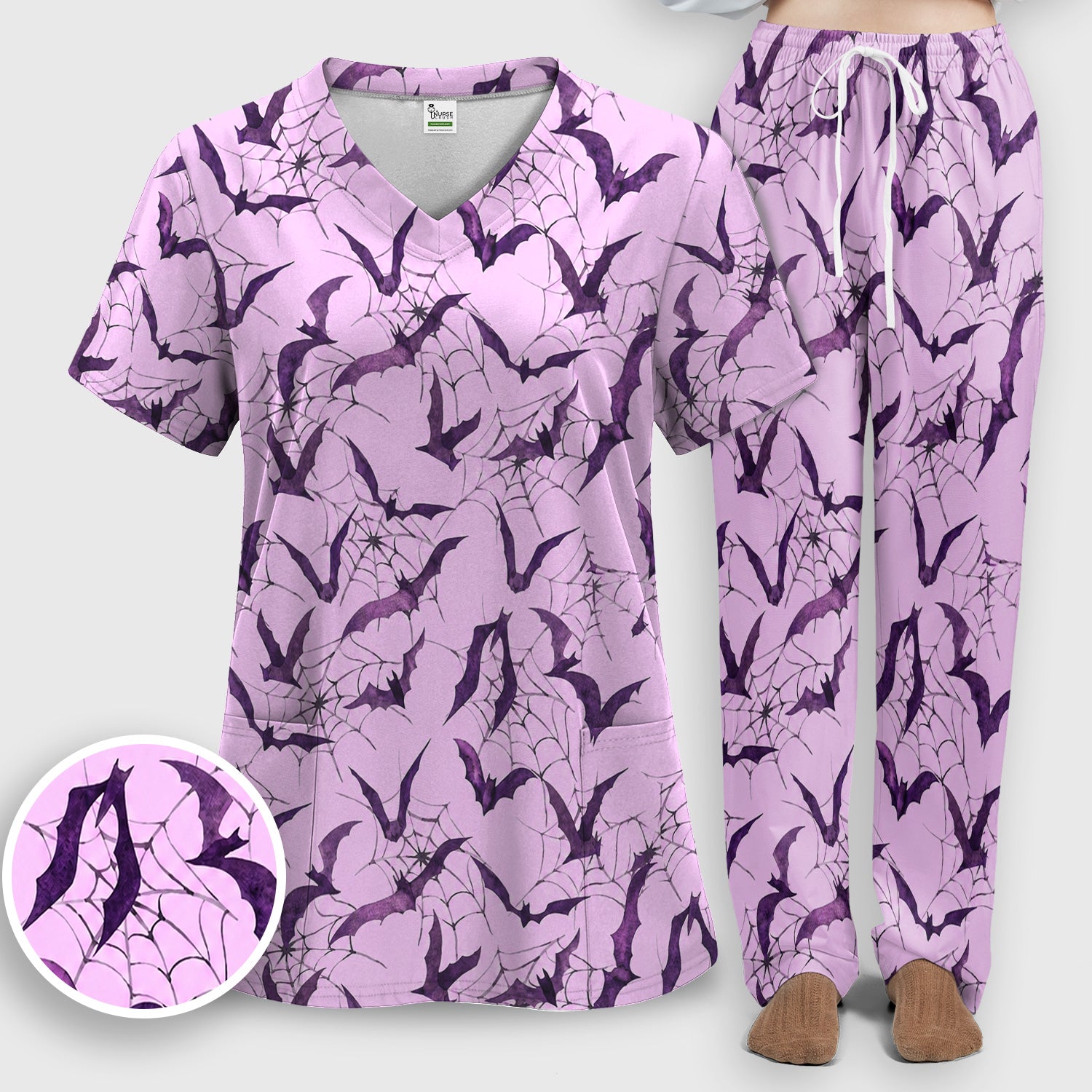 Halloween Bat with Spider Web Scrub Set, Scrub Pants and V Neck Top