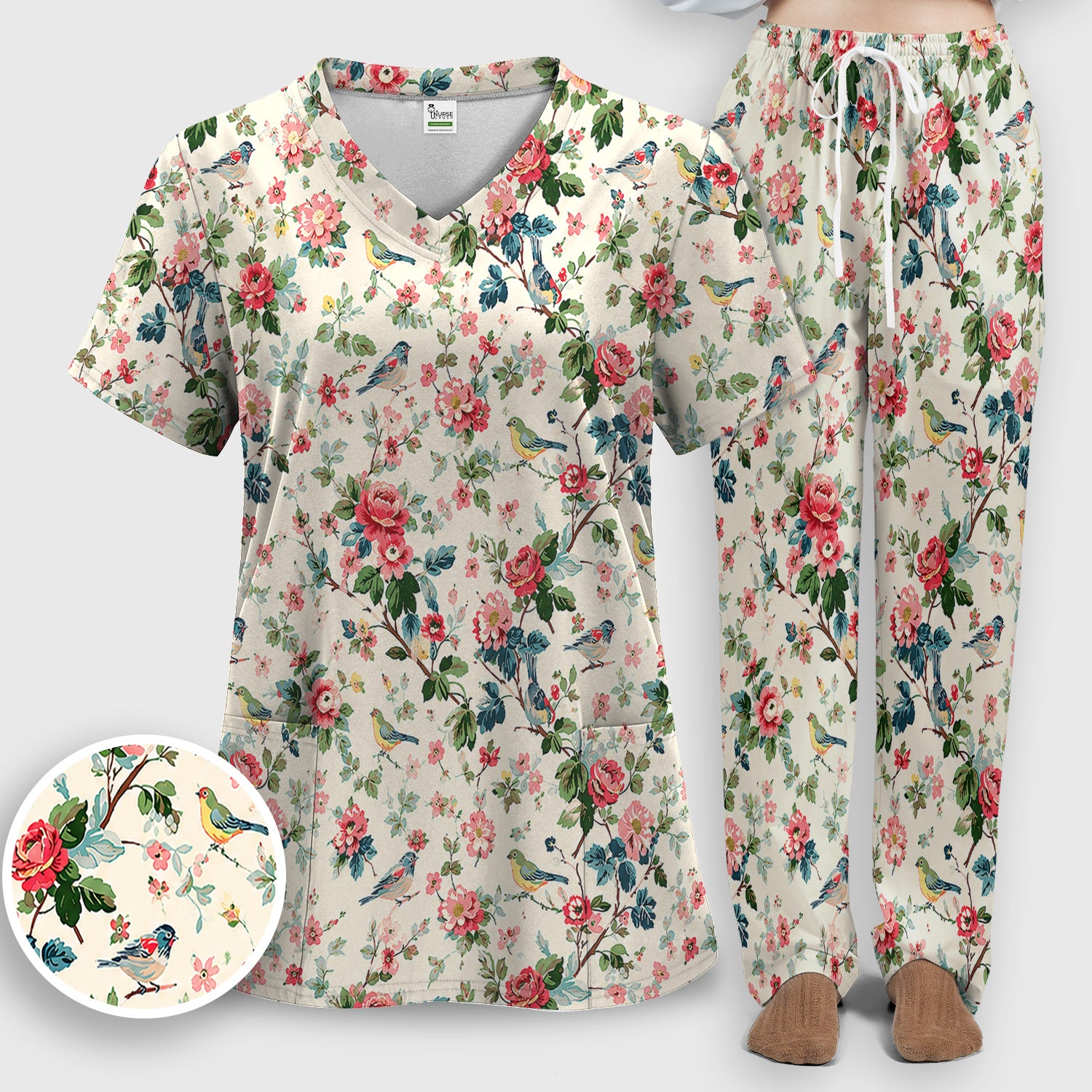 Songbird Rose Garden Pattern Scrub Set, Scrub Pants and V Neck Top