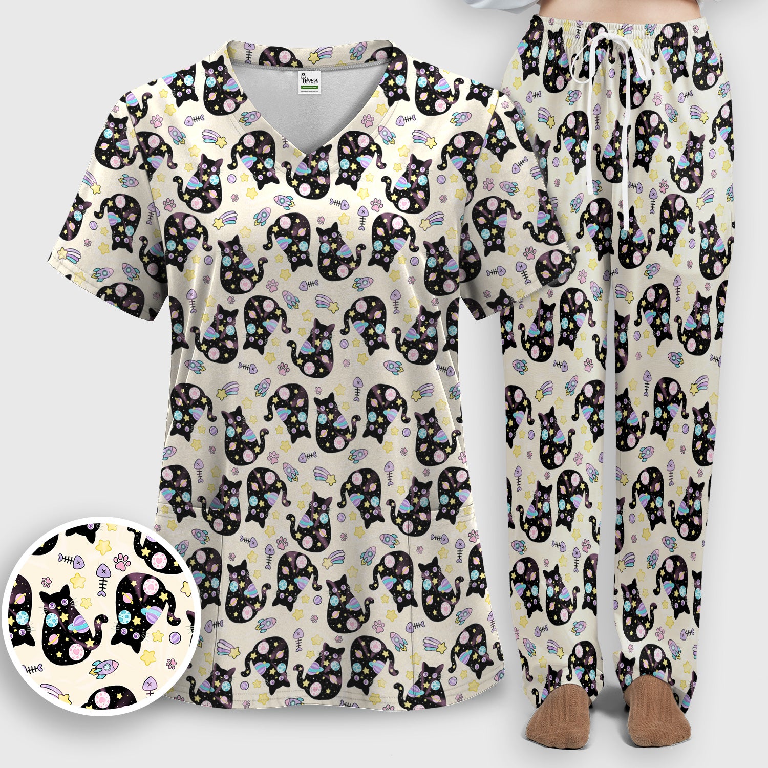 Galaxy Black Cat Space Pattern Scrub Top, Breathable Fabrics Nursing Uniform