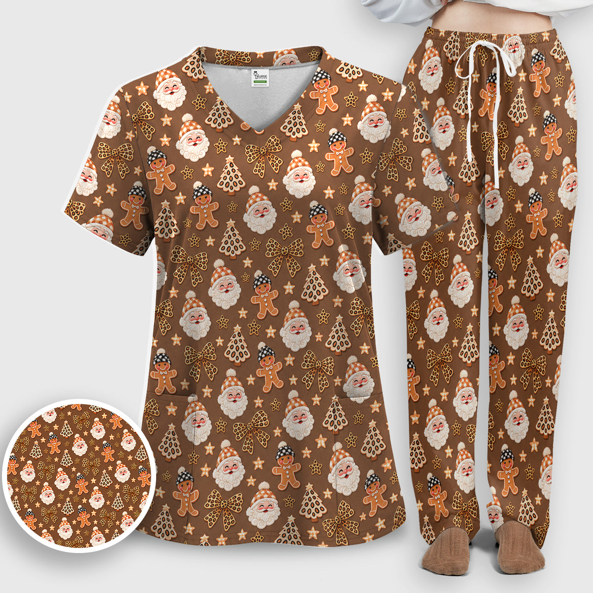 Funny Christmas Cat Baking Biscuits Pattern Scrub Set, Scrub Pants and V Neck Top