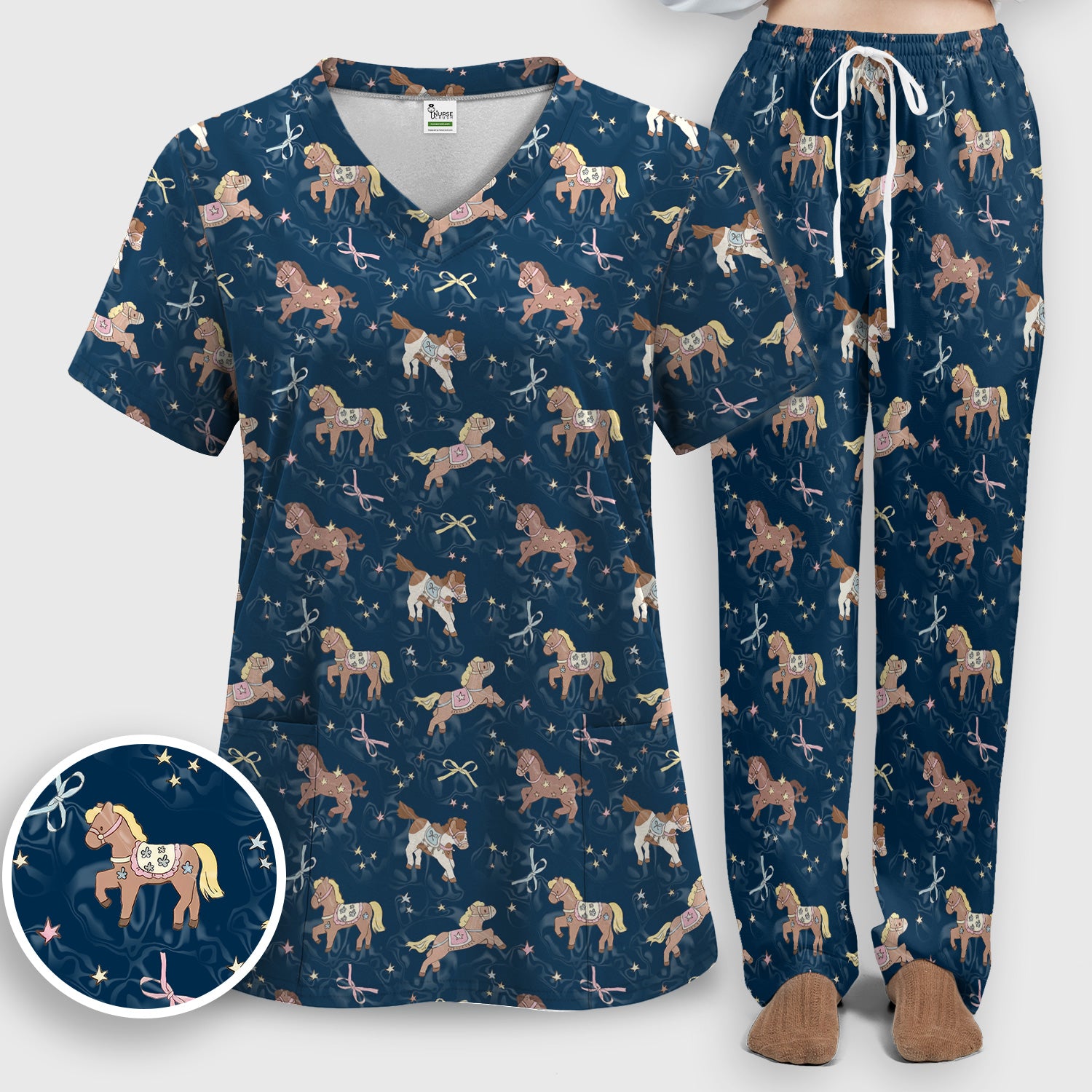 Cute Pony Star Pattern Scrub Set, Breathable Med Uniform