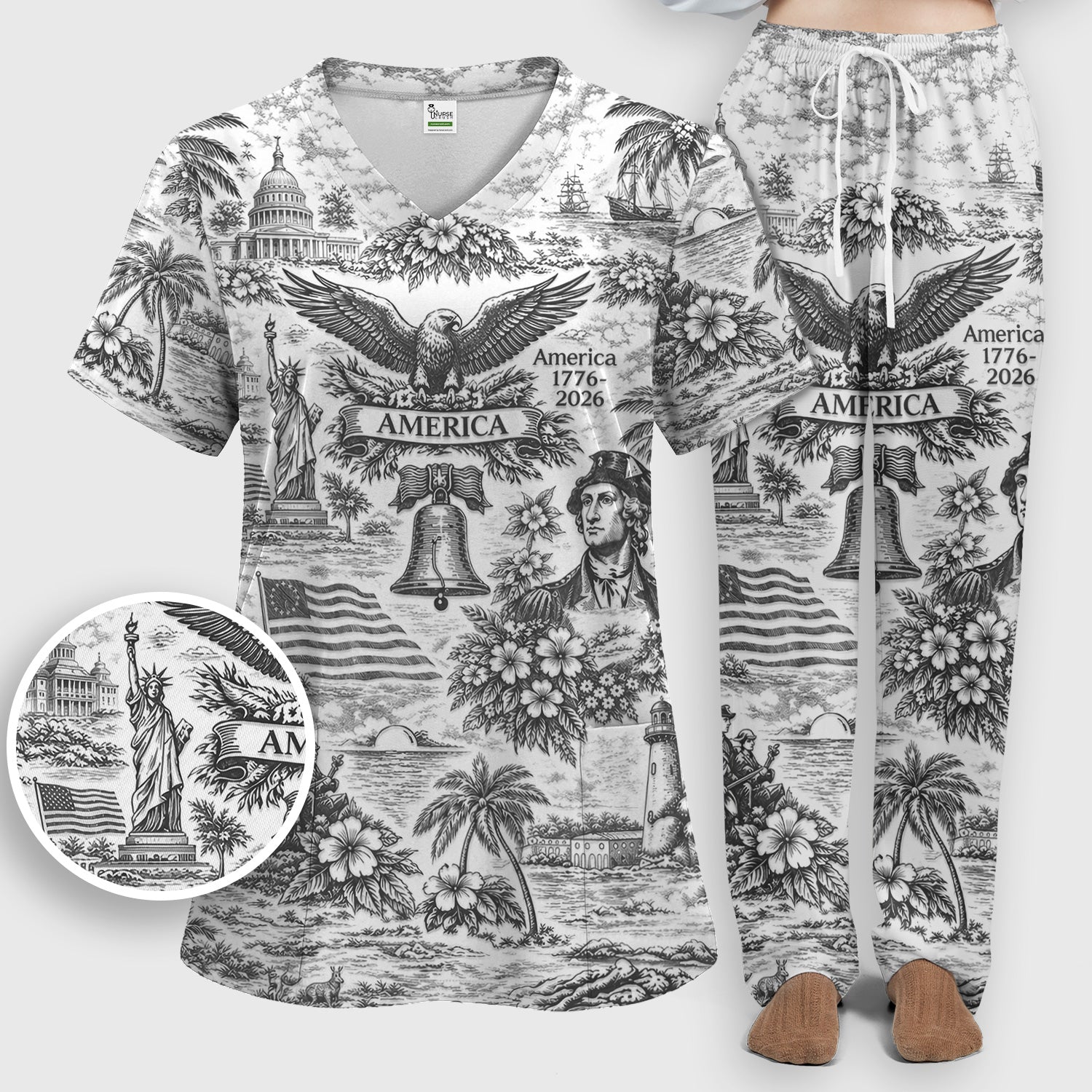 Patriotic America Heritage Toile Pattern Scrub Set, Women's Scrub Sets