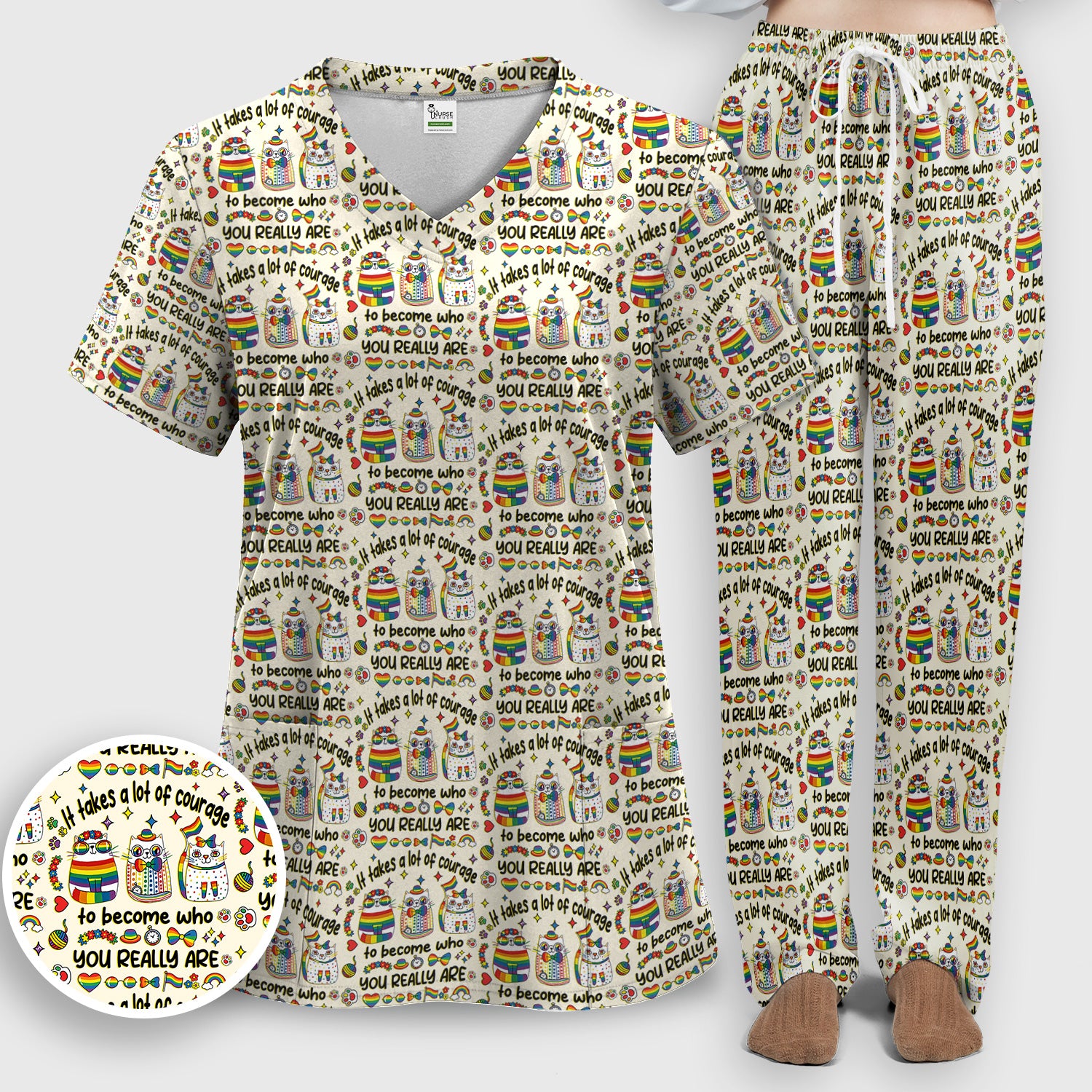 Inspirational Nurse Rainbow Cat Courage Quote Pattern Scrub Top, Breathable Fabrics Nursing Uniform