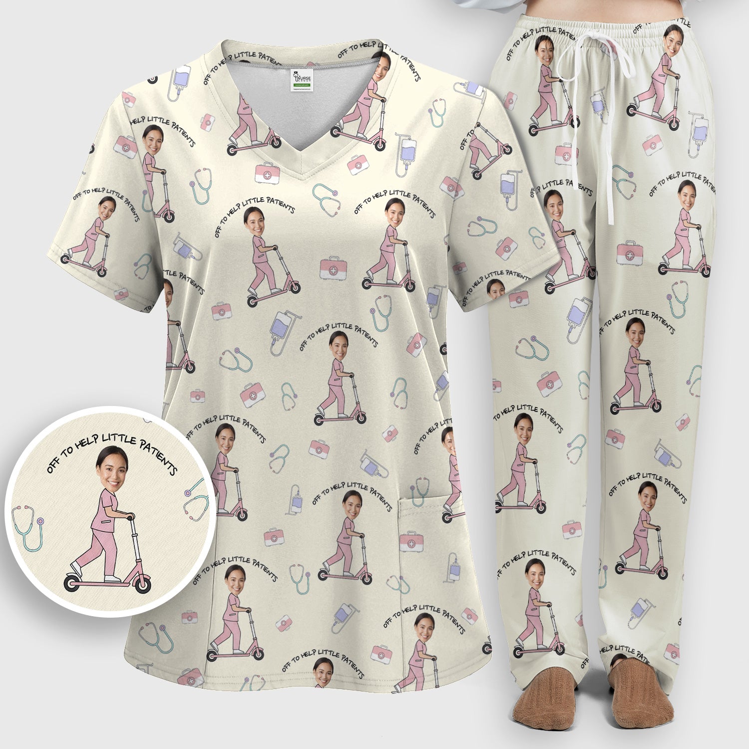 Custom Face Pediatric Nurse Scooter Pattern Scrub Set, Scrub Pants and V Neck Top