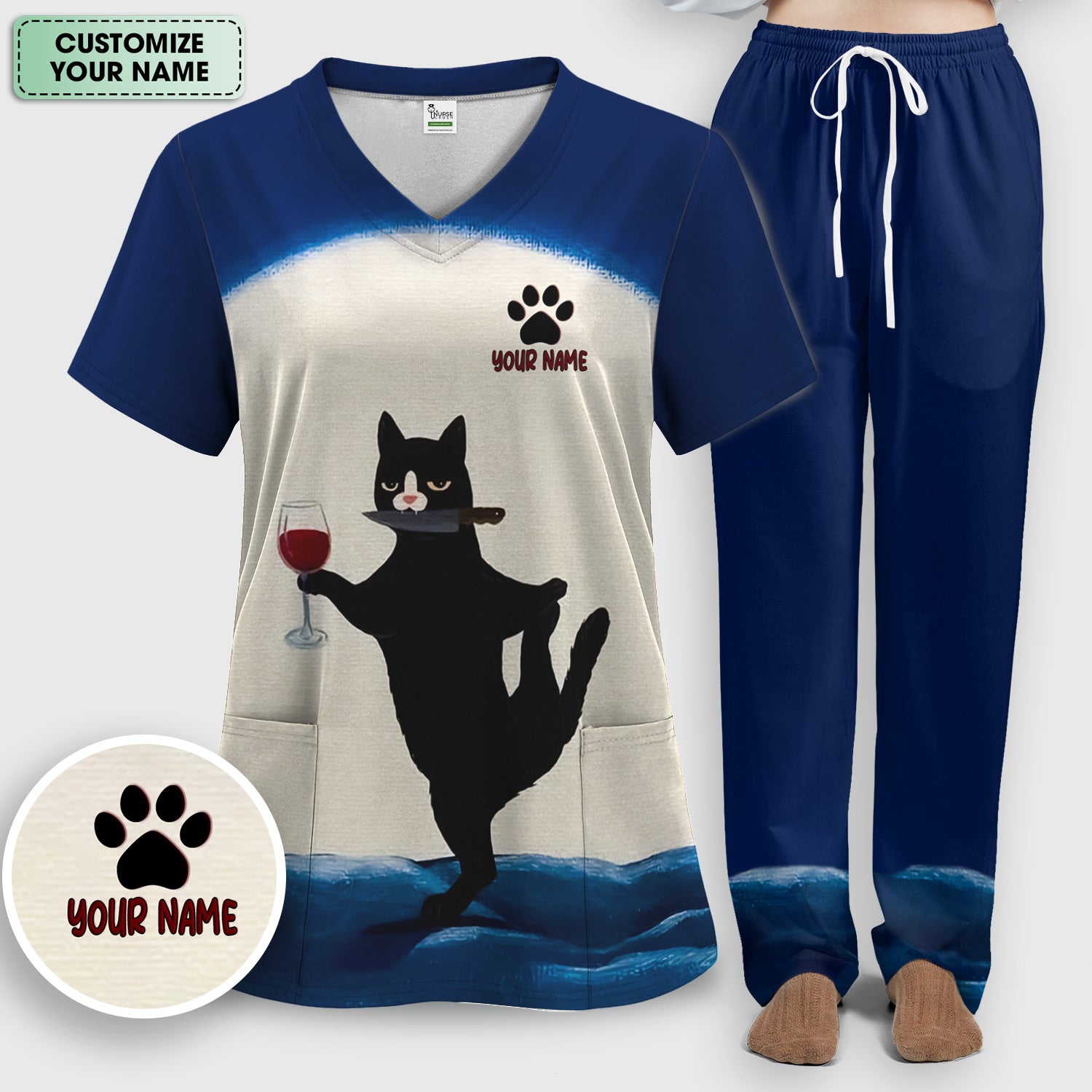 Personalized Funny Cat Holding Wine Glass Knife Pose Pattern Scrub Set, Scrub Pants and V Neck Top