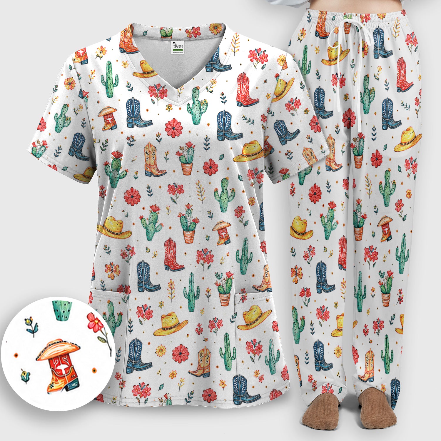 Whimsical Western Cactus Boots Pattern Scrub Set, Scrub Pants and V Neck Top