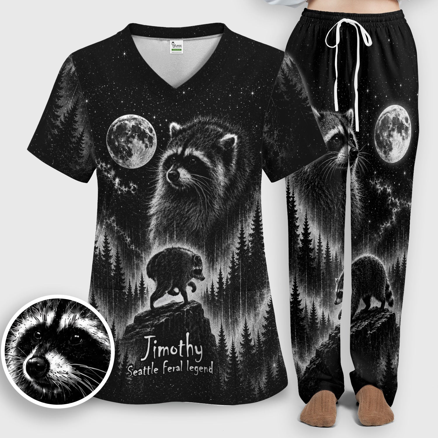 Moonlit Raccoon Forest Print Scrub Set, Scrub Pants and V Neck Top