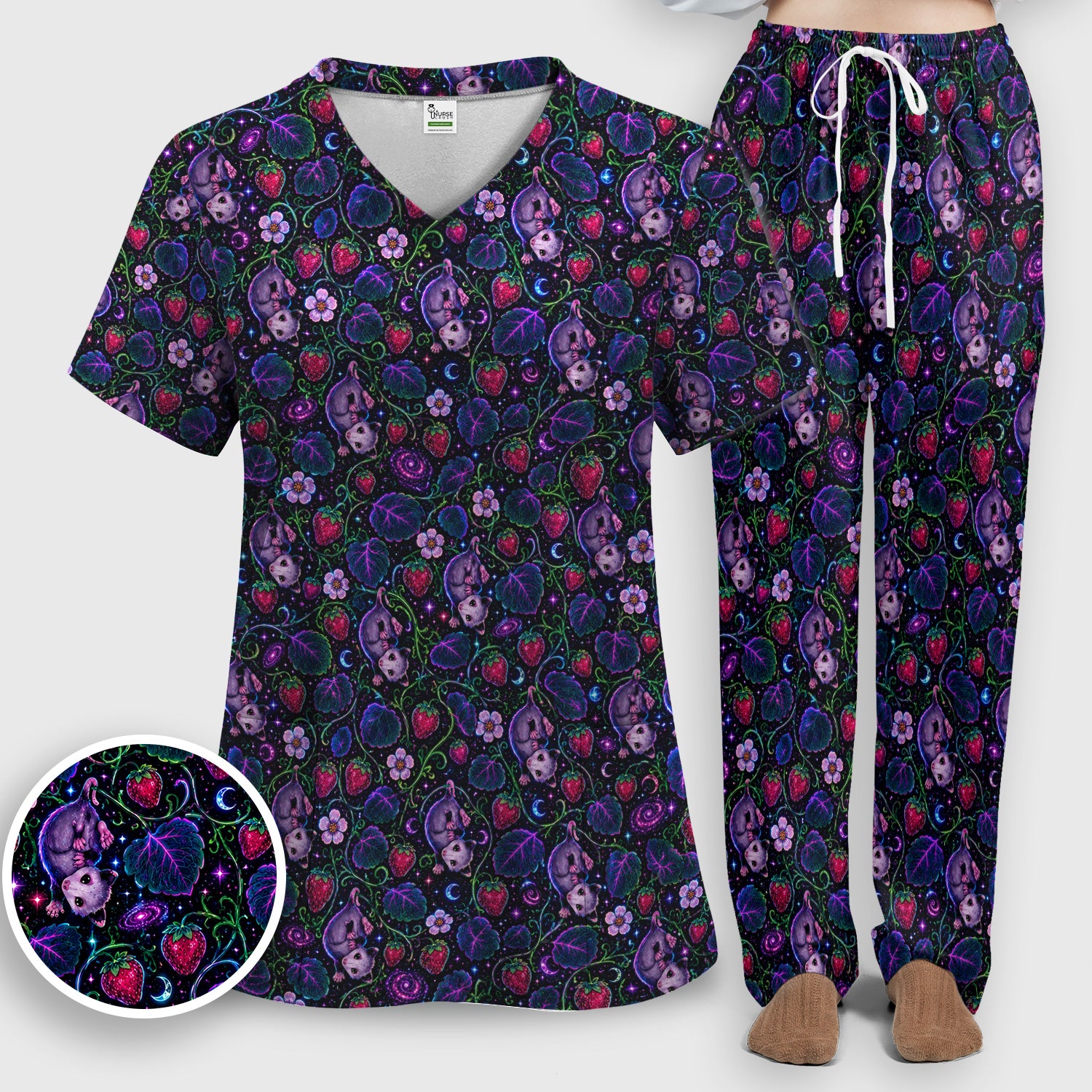 Galaxy Strawberry Opossum Pattern Scrub Set, Scrub Pants and V Neck Top