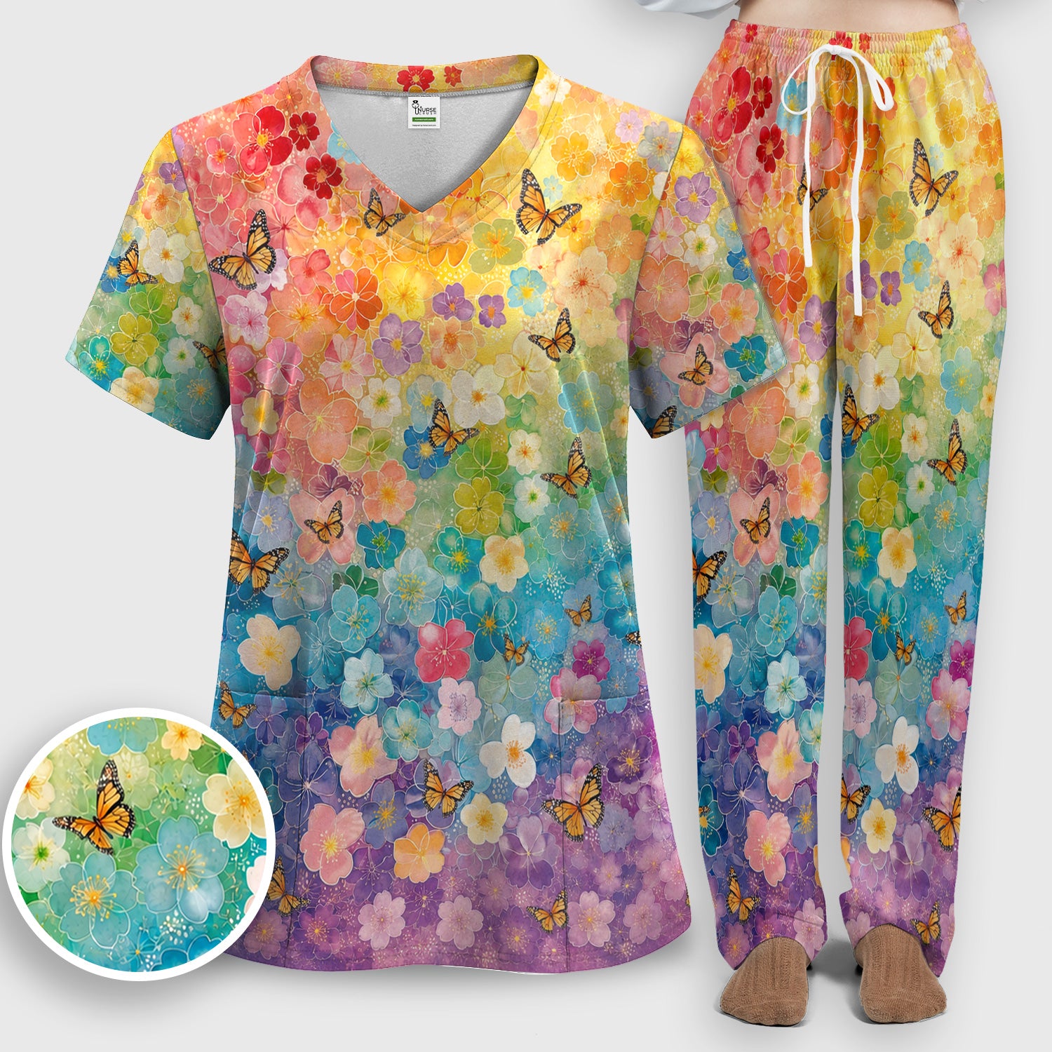 Rainbow Butterfly Floral Blossom Pattern Scrub Set, Scrub Pants and V Neck Top