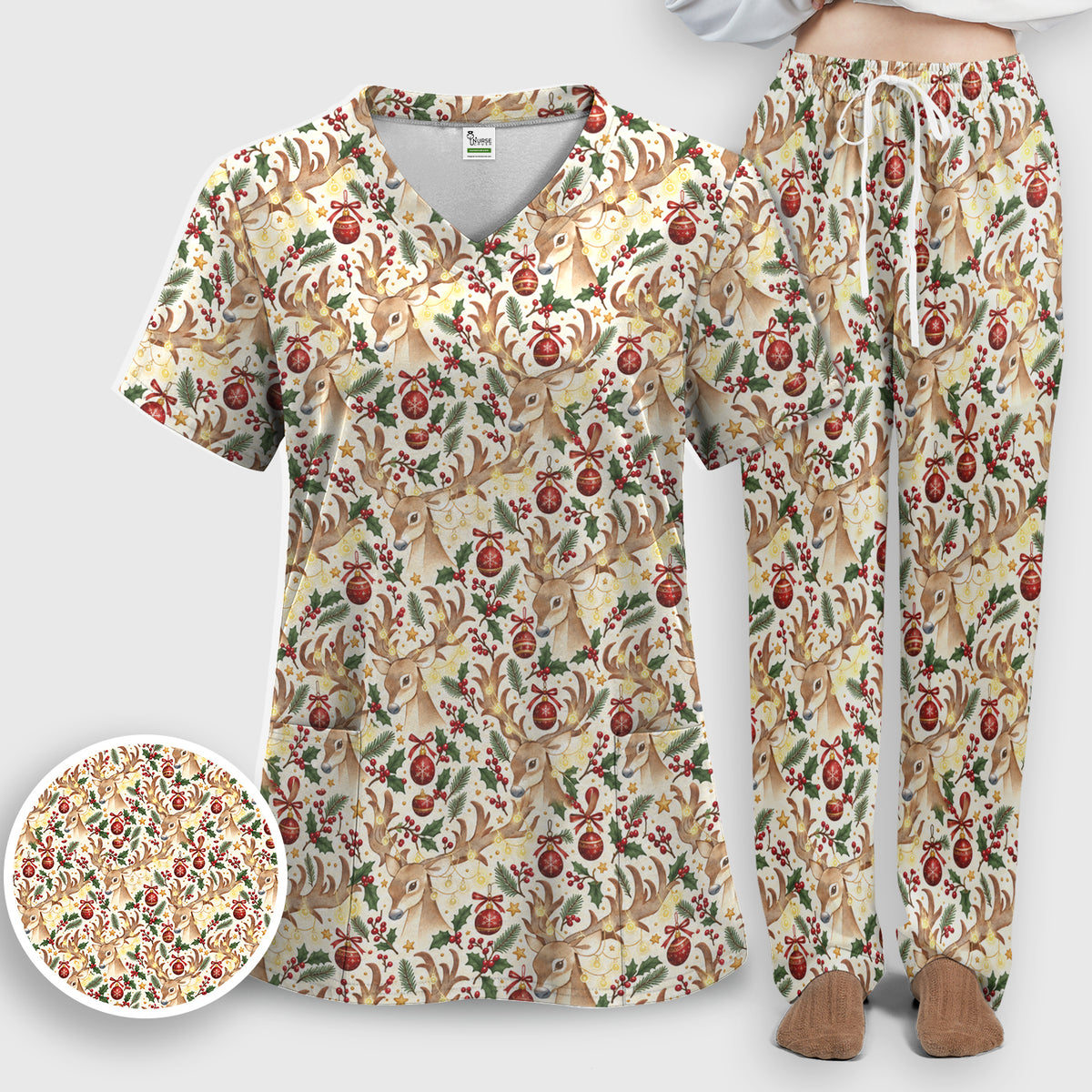 Christmas Reindeer And Holly Scrub Set, Scrub Pants and V Neck Top