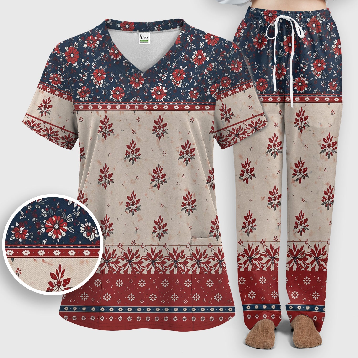 Vintage Floral Border Red Blue Pattern Scrub Set, Scrub Pants and V Neck Top